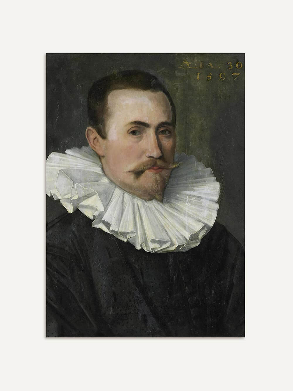 Barock-Porträt eines Mannes mit dunklem Gewand und weißem Kragen auf neutralem Hintergrund. Der Kunstdruck strahlt eine stille Würde und alte Meisterlichkeit aus.