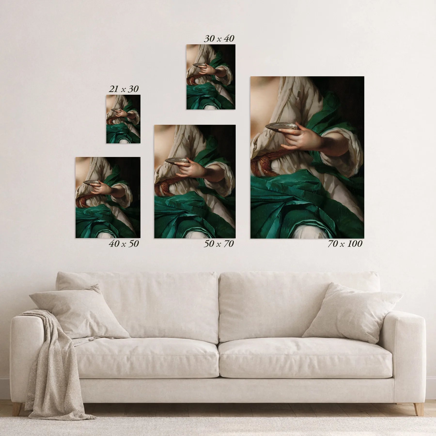 Schematic size overview of the available print formats above a sofa.