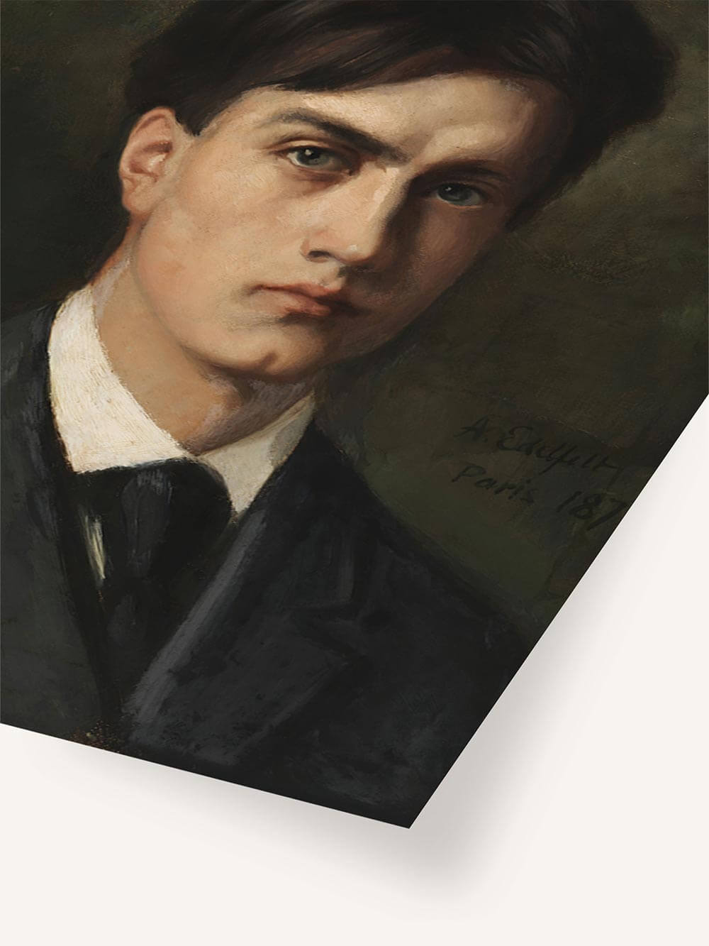 Detailaufnahme eines hochwertigen Kunstdrucks im Vintage-Stil – Fokus auf dem Gesicht des jungen Mannes mit intensiver Mimik und dunklem Jackett vor grünem Hintergrund.