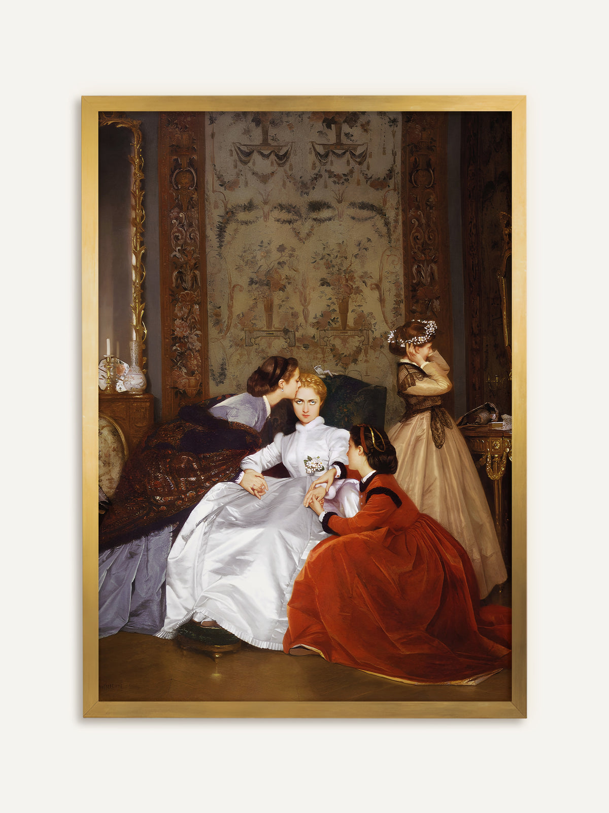 Kunstdruck mit einer zögernden Braut im weißen Seidenkleid, die von drei Freundinnen in prachtvollen Roben vor einer reich verzierten Salonwand getröstet wird. Der goldene Rahmen greift die Ornamente auf und betont die viktorianische Opulenz. #Rahmen_Gold