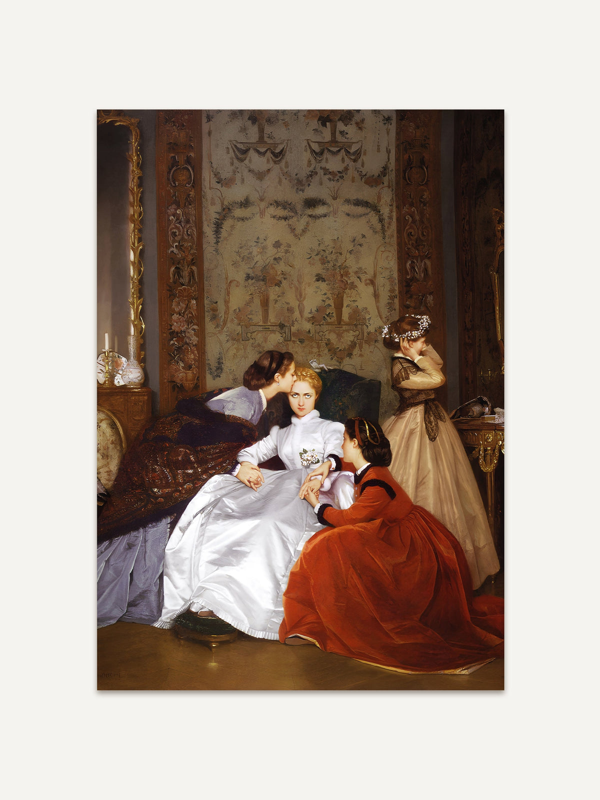 Poster 'Die zögerliche Verlobte' von Auguste Toulmouche aus dem Jahr 1886. Dargestellt sind drei Frauen in prachtvollen viktorianischen Kleidern in einem luxuriösen, reich dekorierten Innenraum. Die zentrale Figur in Weiß wird von den anderen Frauen tröstend berührt, was eine emotionale und intime Szene schafft. #Rahmen_Ohne Rahmen