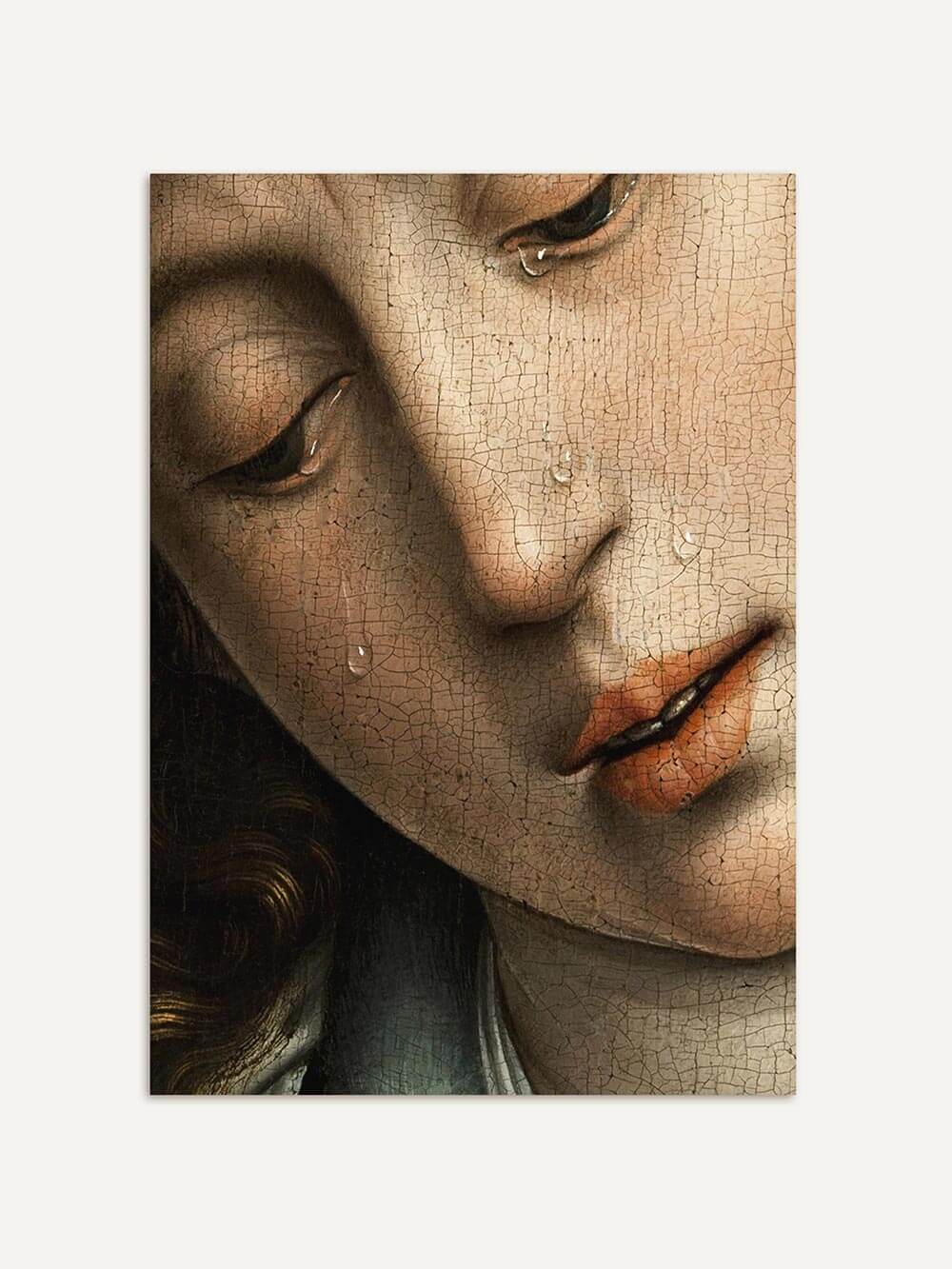 Kunstdruck mit Detail eines weiblichen Gesichts aus der Renaissance, feine Tränen und warme Farbpalette. Ideal als Wandbild für Kunstliebhaber klassischer Porträts und Moody Interiors.