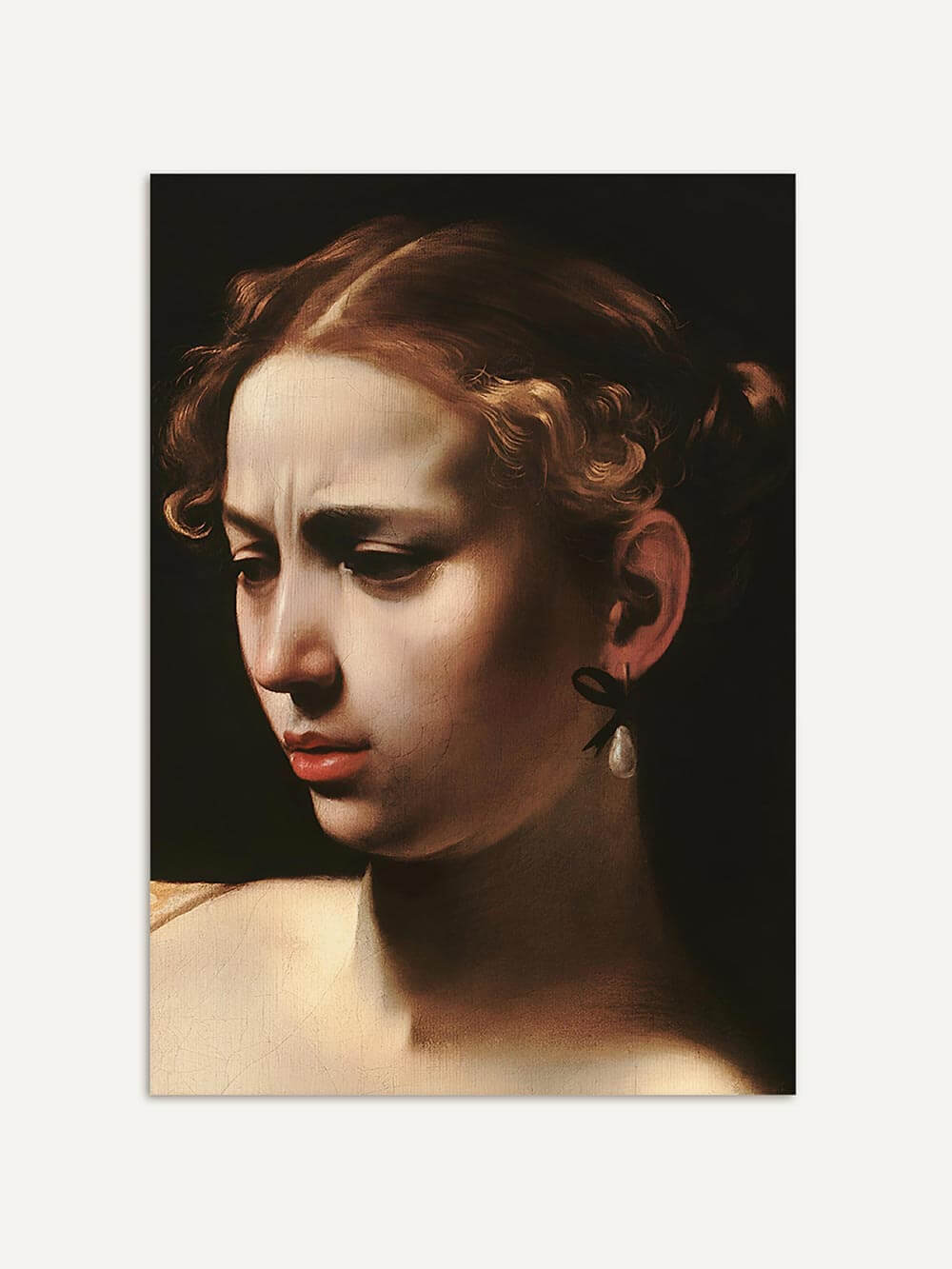 Barockes Porträt einer jungen Frau mit nachdenklichem Ausdruck und heller Haut, betont durch warmes Licht vor dunklem Hintergrund. Klassischer Kunstdruck in detailreicher Maltechnik, ideal für Dark Academia oder Moody Interiors.