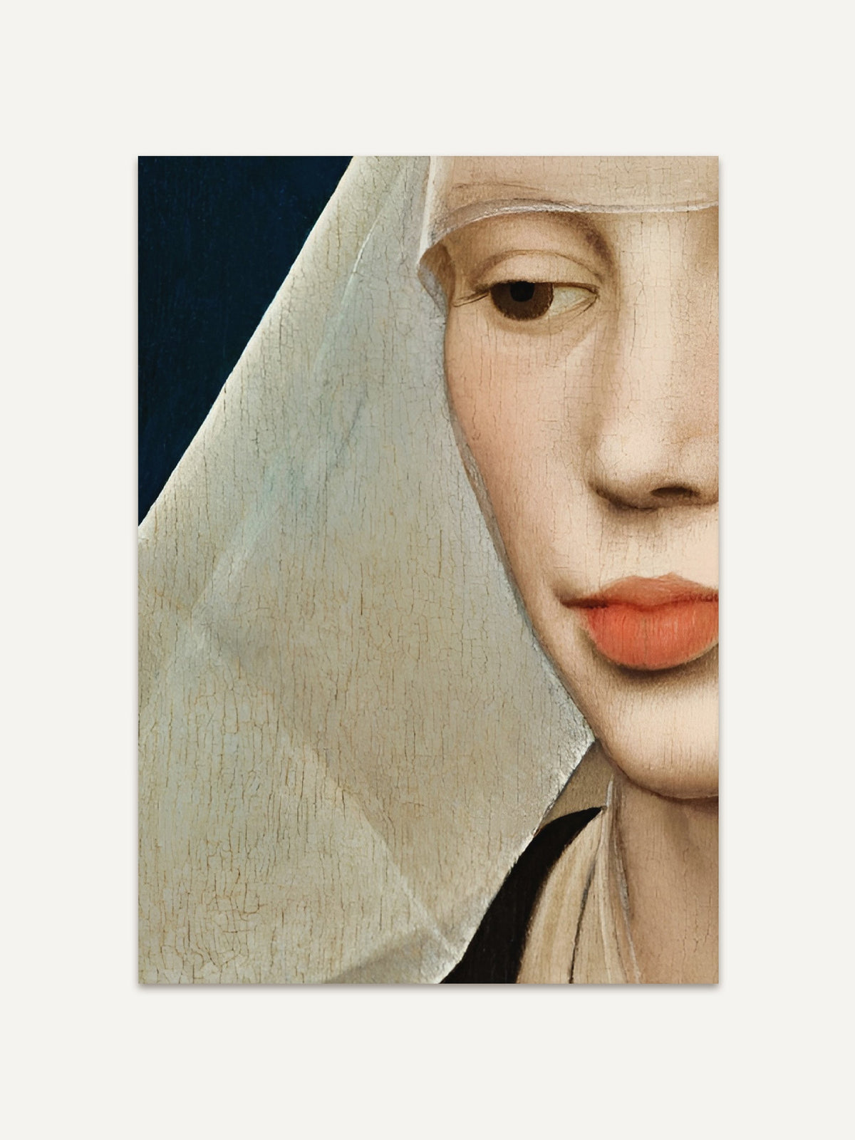 Detail eines Renaissance-Frauenporträts mit hellem Schleier, zarten Lippen und feiner Hautstruktur auf dunklem Hintergrund. Kunstvoller Kunstdruck mit klarer Linienführung und ruhiger Ausstrahlung, perfekt für stilvolle Wanddekoration. #Rahmen_Ohne Rahmen