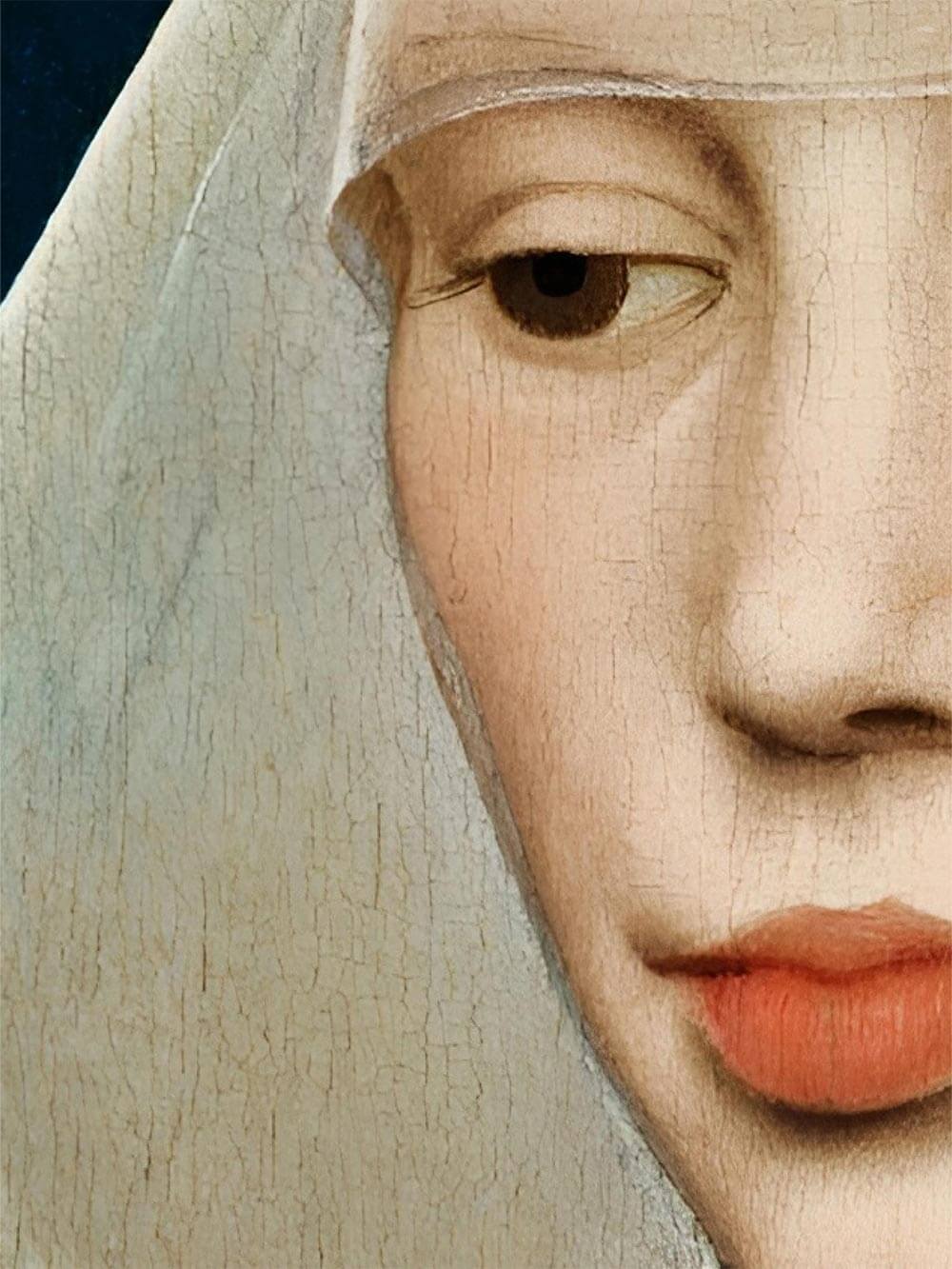 Nahaufnahme zeigt die feine Textur und Farbnuancen des Renaissance-Porträts mit sanften Hauttönen und hellem Stoff. Hochwertiger Kunstdruck mit authentischer Patina und zeitloser Ästhetik.