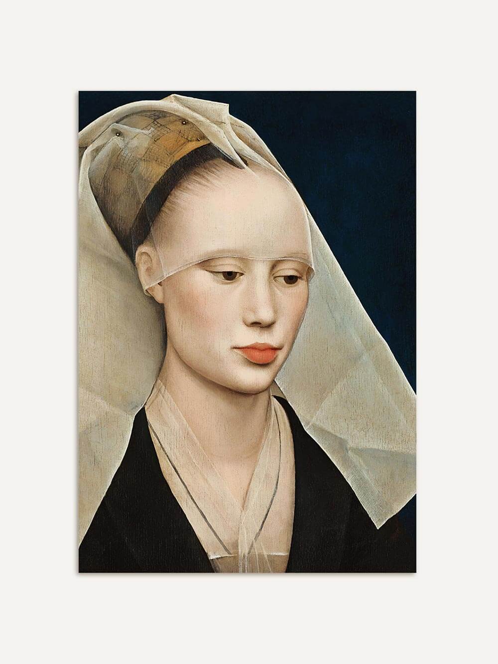 Renaissance-Porträt einer Frau mit zartem Schleier und ruhigem Blick auf dunklem Hintergrund. Feine Farbnuancen und weiche Lichtführung verleihen dem Kunstdruck eine elegante, zeitlose Wirkung für klassische Wohnräume.