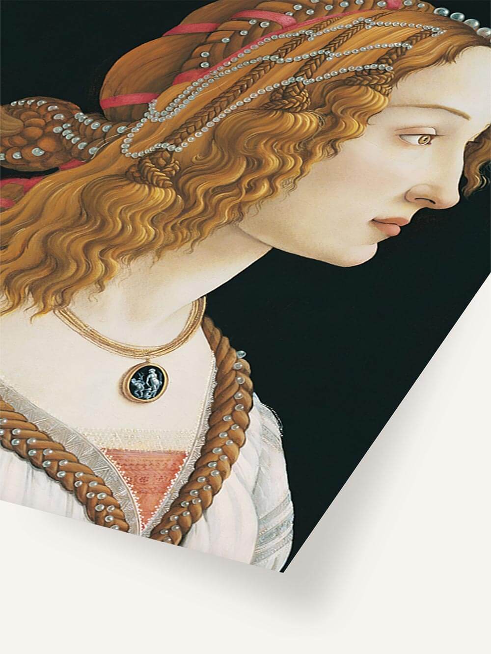 Nahaufnahme des Renaissance-Porträts zeigt feine Pinselarbeit in Haar, Schmuck und Stoff. Hochwertiger Kunstdruck mit brillanten Farben und detailreicher Struktur, ideal für kunstliebende Sammler.