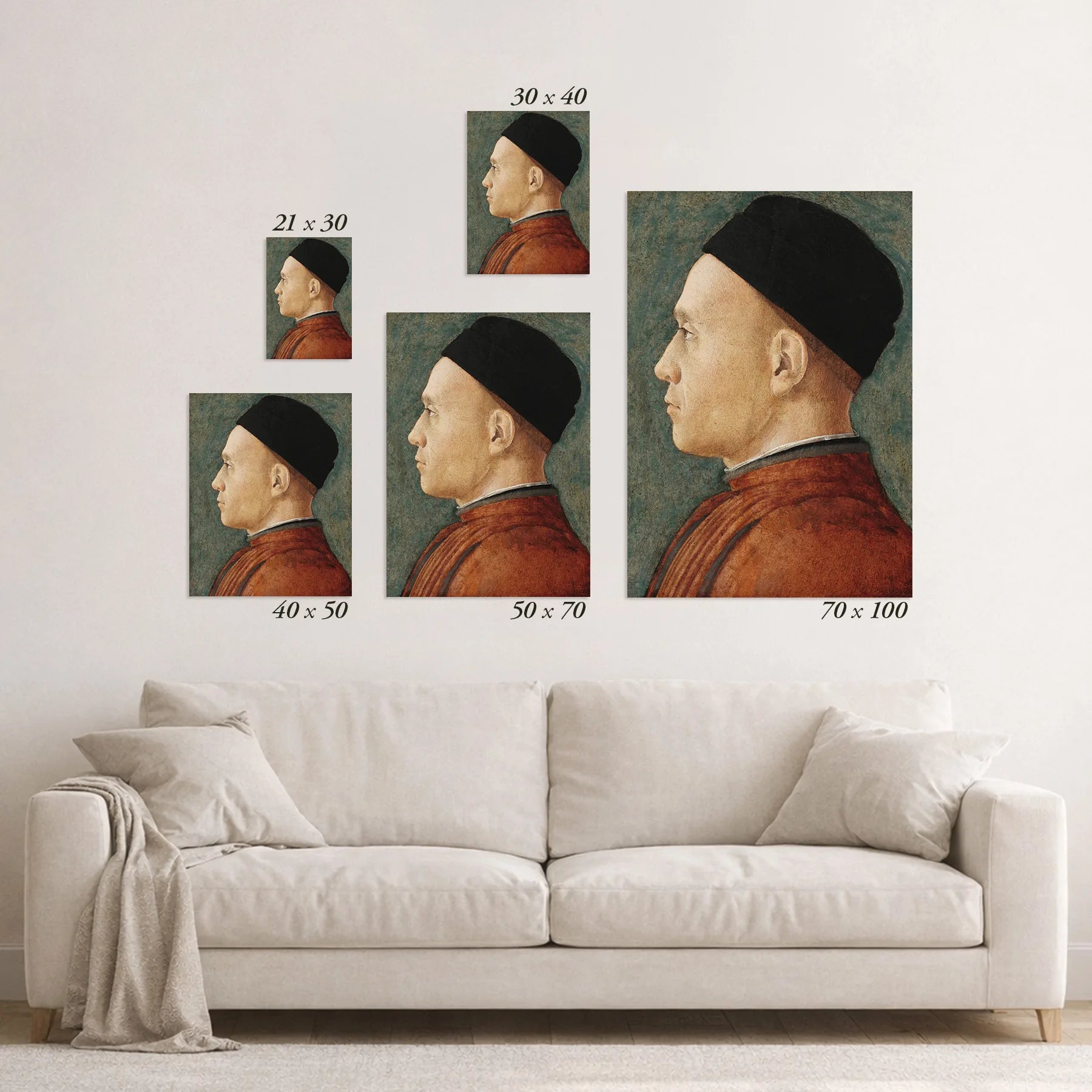 Schematic size overview of the available print formats above a sofa.