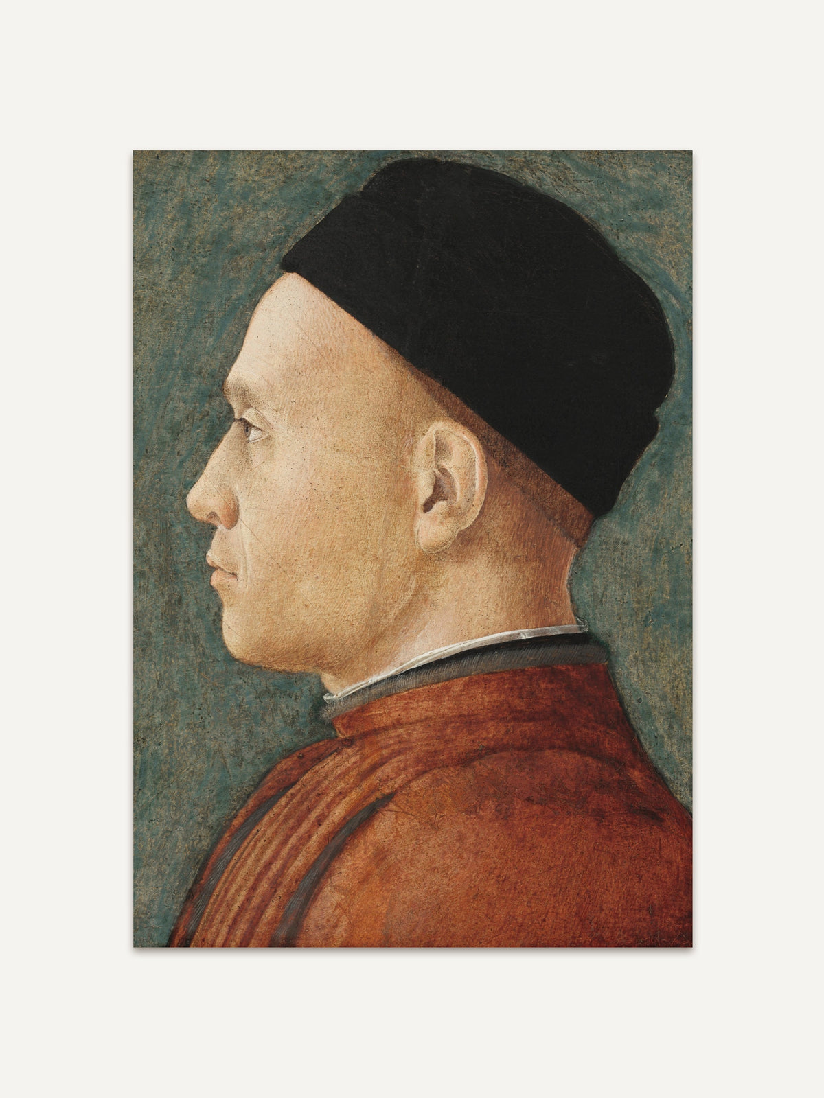 Hochwertiger Kunstdruck eines Renaissance-Porträts: ein Mann im Profil mit schwarzer Kappe und rostrotem Gewand vor einer gealterten, blaugrünen Wand. Kunstvolle Wanddekoration für ein zeitloses Ambiente. #Rahmen_Ohne Rahmen