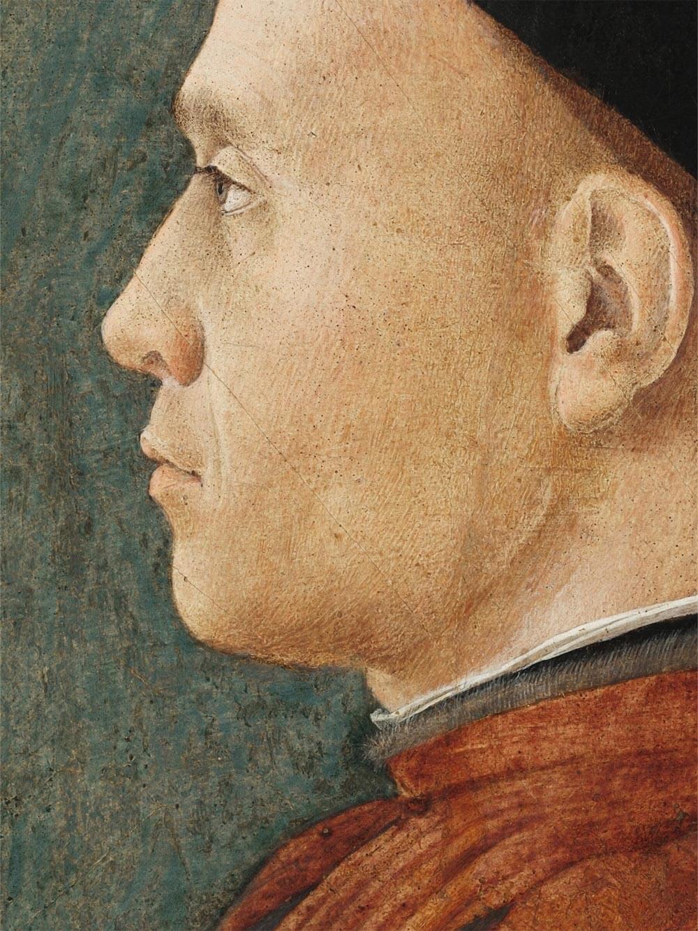 Detailaufnahme eines Renaissance-Porträts: feine Pinselstriche, realistische Hauttöne und eine subtile Textur auf gealtertem Hintergrund. Kunstvolles Profil mit historischer Anmutung.
