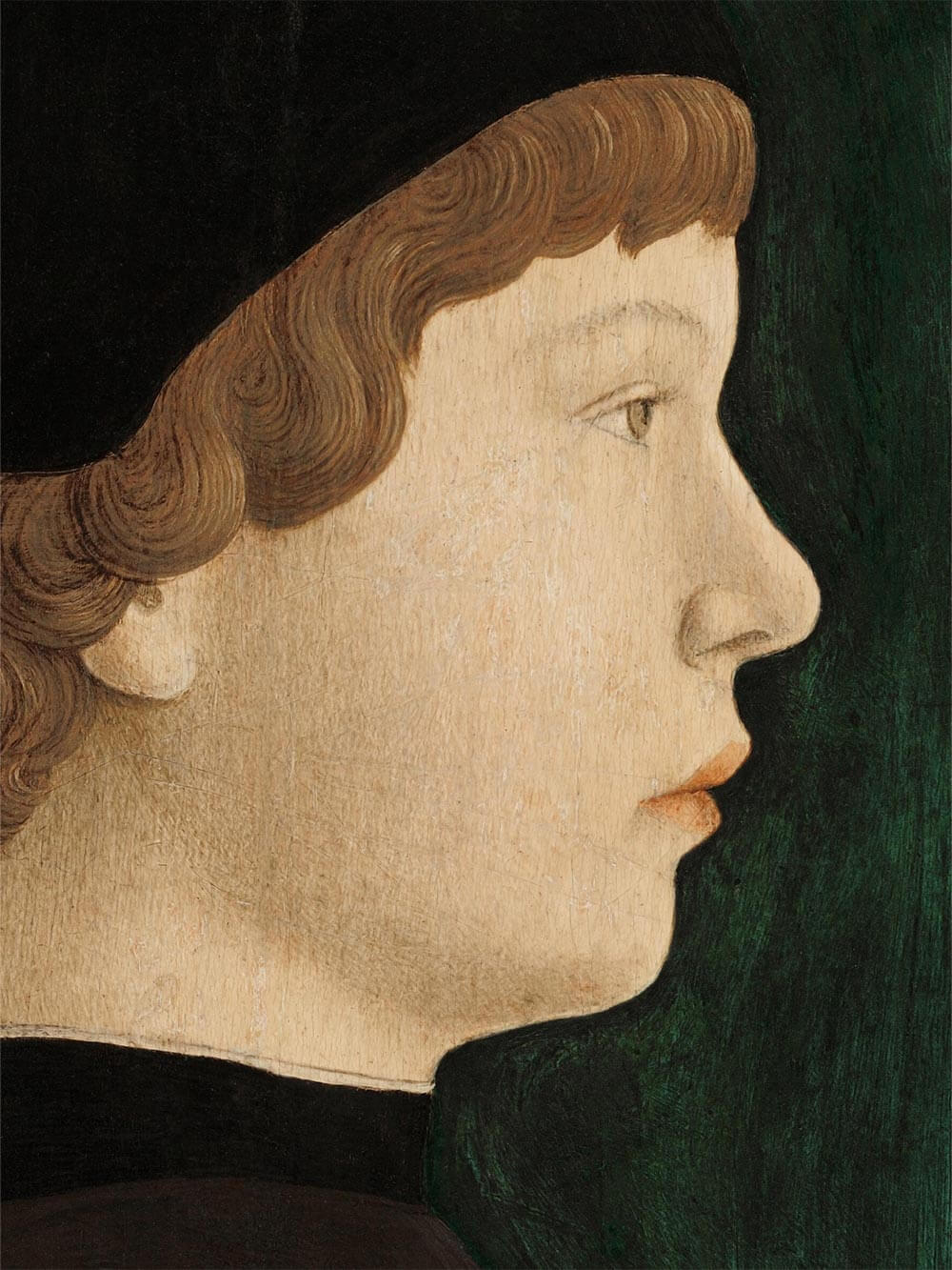 Detailansicht eines Renaissance-Porträts mit feinen Pinselstrichen, weicher Hauttextur und kunstvoll gemalten Locken – klassischer Kunstdruck für Liebhaber historischer Kunst.