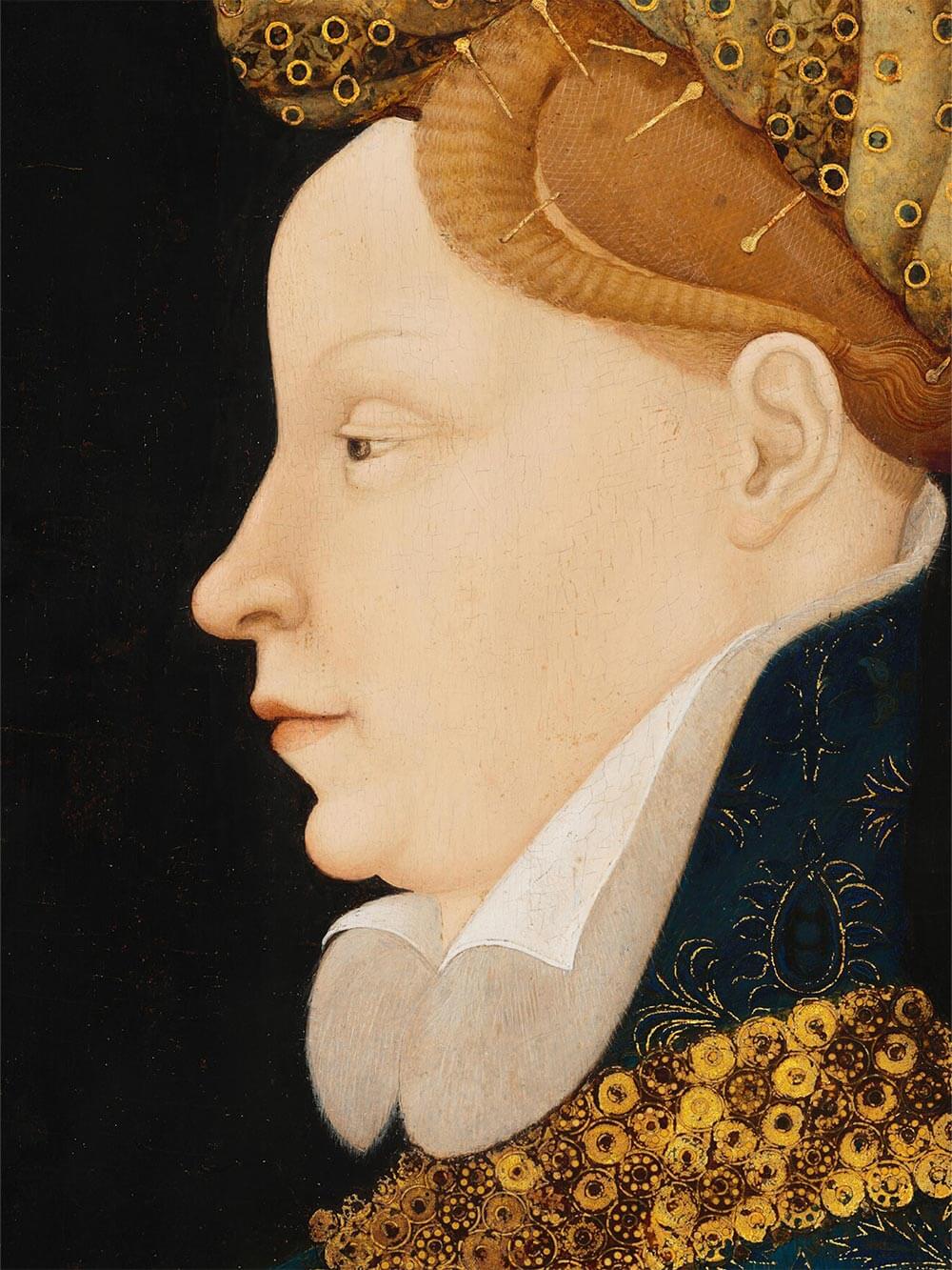 Nahaufnahme zeigt feine Pinselarbeit an Gesicht und goldbesticktem Stoff mit filigranen Ornamenten. Hochwertiger Kunstdruck mit authentischer Farbbrillanz und antiker Textur für kunstvolle Wohnräume.