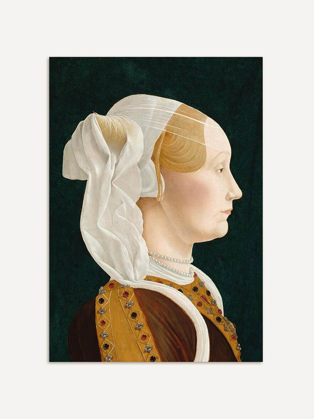 Renaissance-Porträt einer Frau im Profil mit heller Haut, goldbrauner Kleidung und feinem weißen Schleier vor dunklem Hintergrund. Eleganter Kunstdruck mit klassischer Anmutung und feinen Details für anspruchsvolle Raumgestaltung.