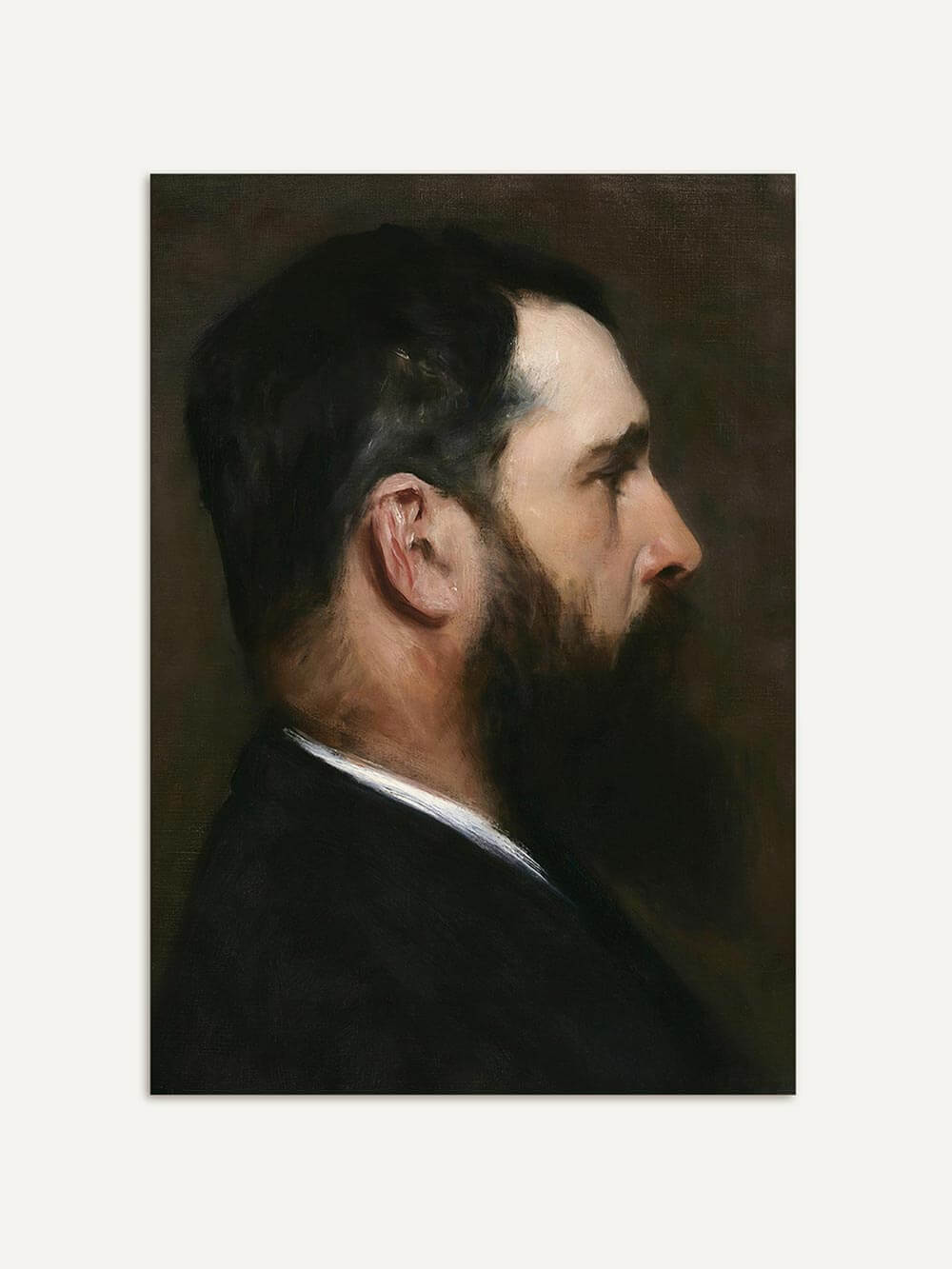 Klassisches Männerporträt im Profil mit dunklem Hintergrund und feinen Lichtakzenten auf Haut und Bart. Zeitloser Kunstdruck im Realismus-Stil, ideal für moody oder Dark Academia Interieurs.