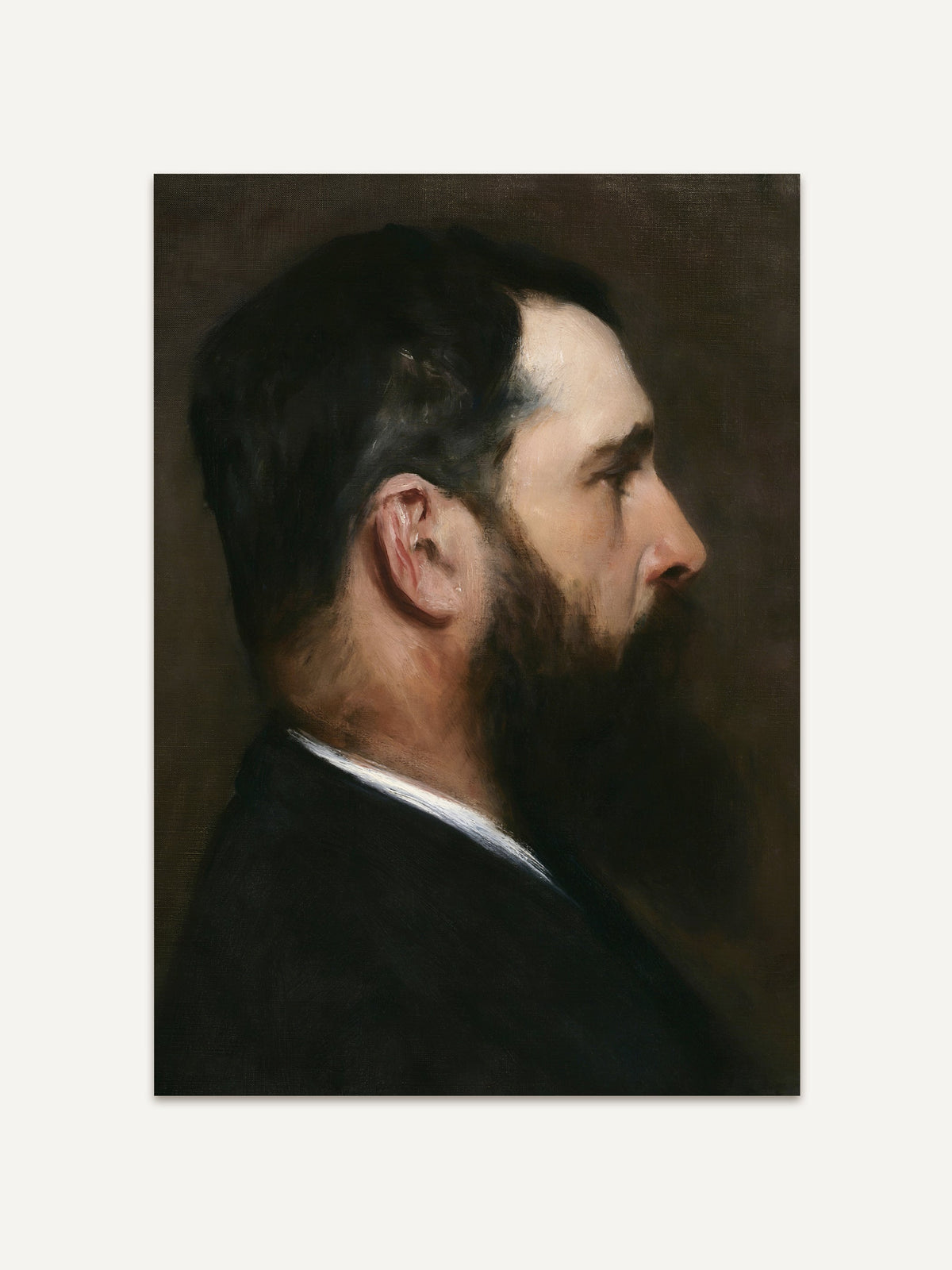 Klassisches Männerporträt im Profil mit dunklem Hintergrund und feinen Lichtakzenten auf Haut und Bart. Zeitloser Kunstdruck im Realismus-Stil, ideal für moody oder Dark Academia Interieurs. #Rahmen_Ohne Rahmen