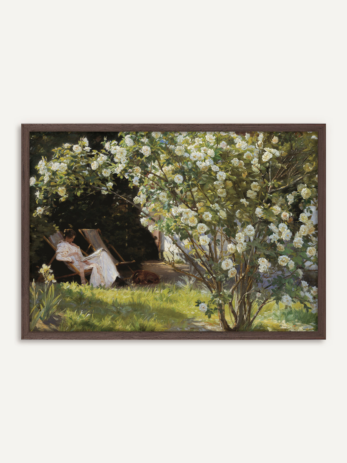 Poster, das eine Frau in einem weißen Kleid zeigt, die im Liegestuhl unter einem üppig blühenden Strauch weißer Rosen liest, während neben ihr ein brauner Hund im Gras schläft. Der Rahmen aus dunklem Holz betont die schattigen Grüntöne des Vintage-Gartenbilds. #Rahmen_Dunkles Holz