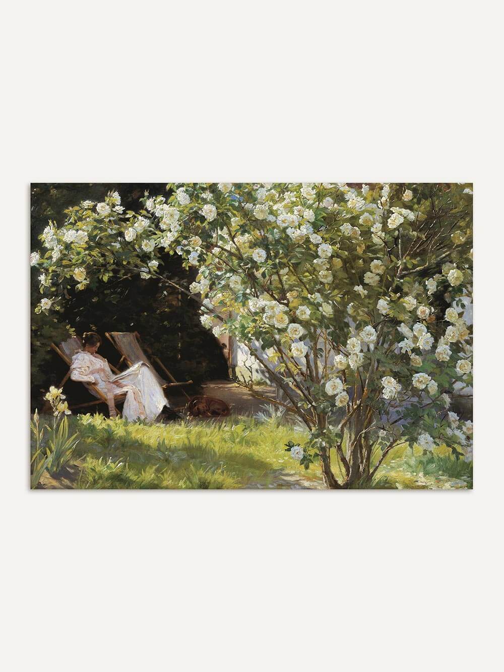 Romantischer Kunstdruck mit impressionistischer Gartenszene. Eine Frau im weißen Kleid sitzt entspannt unter einem üppig blühenden Rosenstrauch. Feine Lichtakzente und natürliche Grüntöne verleihen dem Vintage-Wandbild eine sanfte Eleganz.