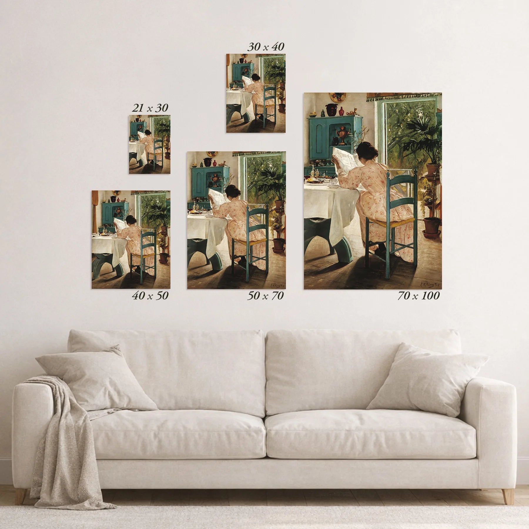 Schematic size overview of the available print formats above a sofa.