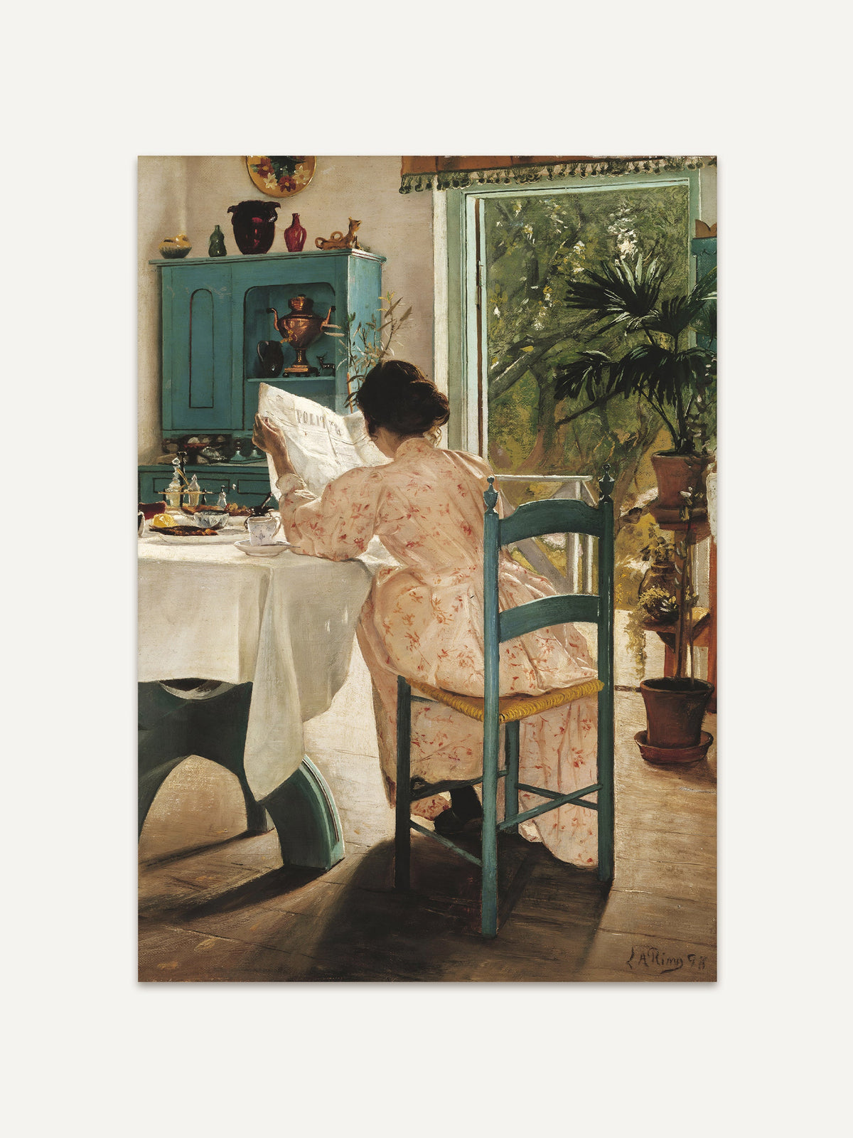Kunstdruck mit Szene einer lesenden Frau in hellem Kleid an einem Tisch neben türkisfarbener Anrichte und Fenster mit Pflanzenblick. Detailreiche Reproduktion klassischer Malerei als zeitloses Poster für stilvolle Wanddekoration. #Rahmen_Ohne Rahmen