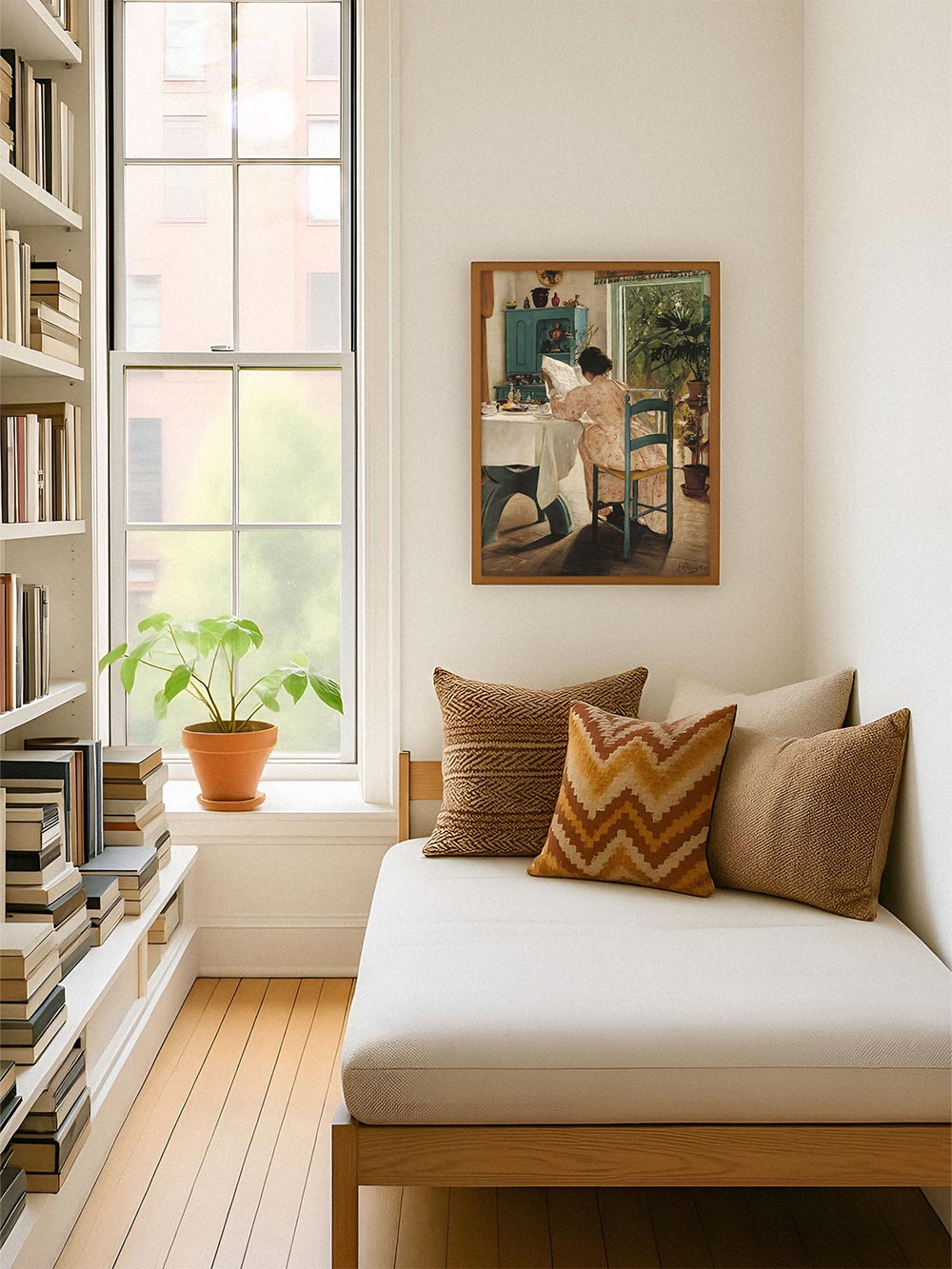 Gerahmtes Wandbild mit lesender Frau in heller Leseecke neben Fenster, Bücherregal und Sitzbank mit Kissen. Stilvoller Kunstdruck für Cozy Reading Nook, Home Library und ruhige Wohnräume.