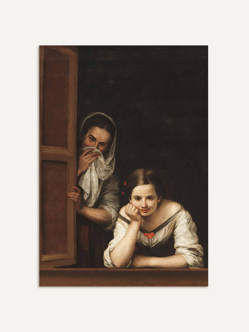 Der humorvolle Kunstdruck zeigt zwei Frauen am Fenster, eine davon mit keckem Blick. Klassisches Farbspiel in dunklen und warmen Tönen.