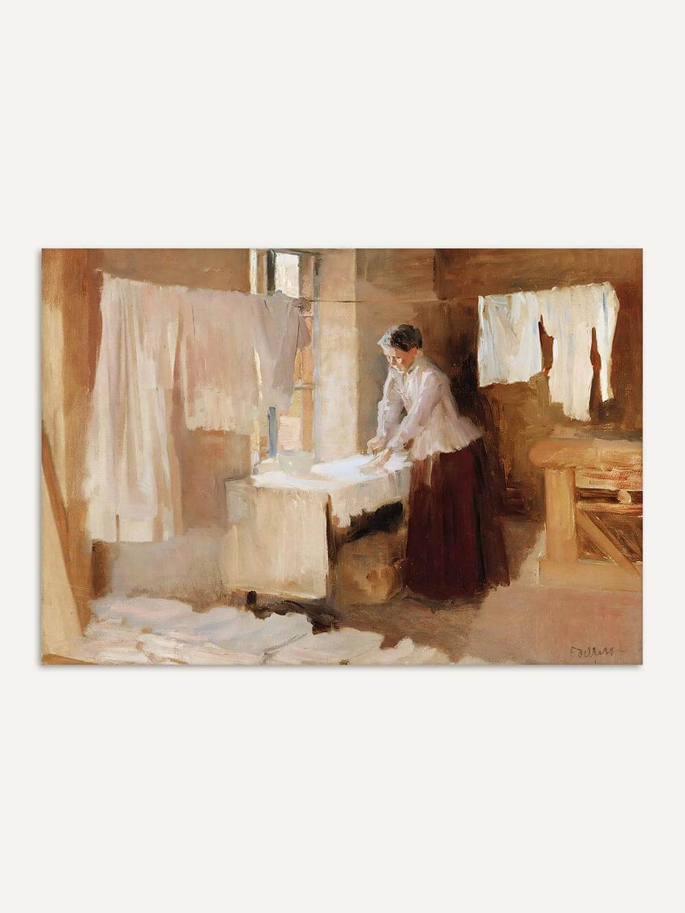 Impressionistisches Gemälde einer Frau, die in einem ländlichen Interieur Wäsche legt. Sanfte Lichtakzente und warme Beigetöne schaffen eine zeitlose, beruhigende Atmosphäre, ideal für klassische oder minimalistische Wohnräume.