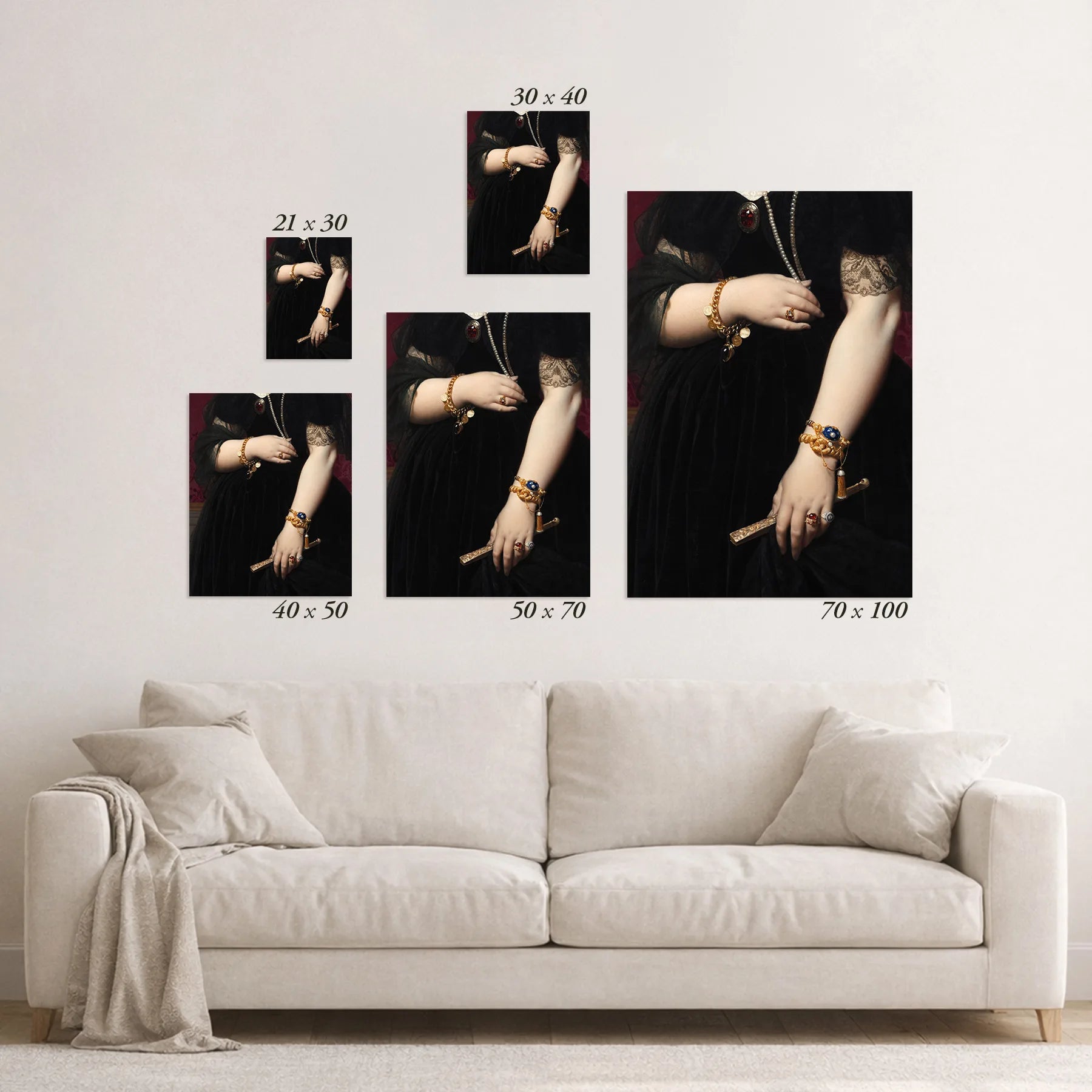 Schematic size overview of the available print formats above a sofa.