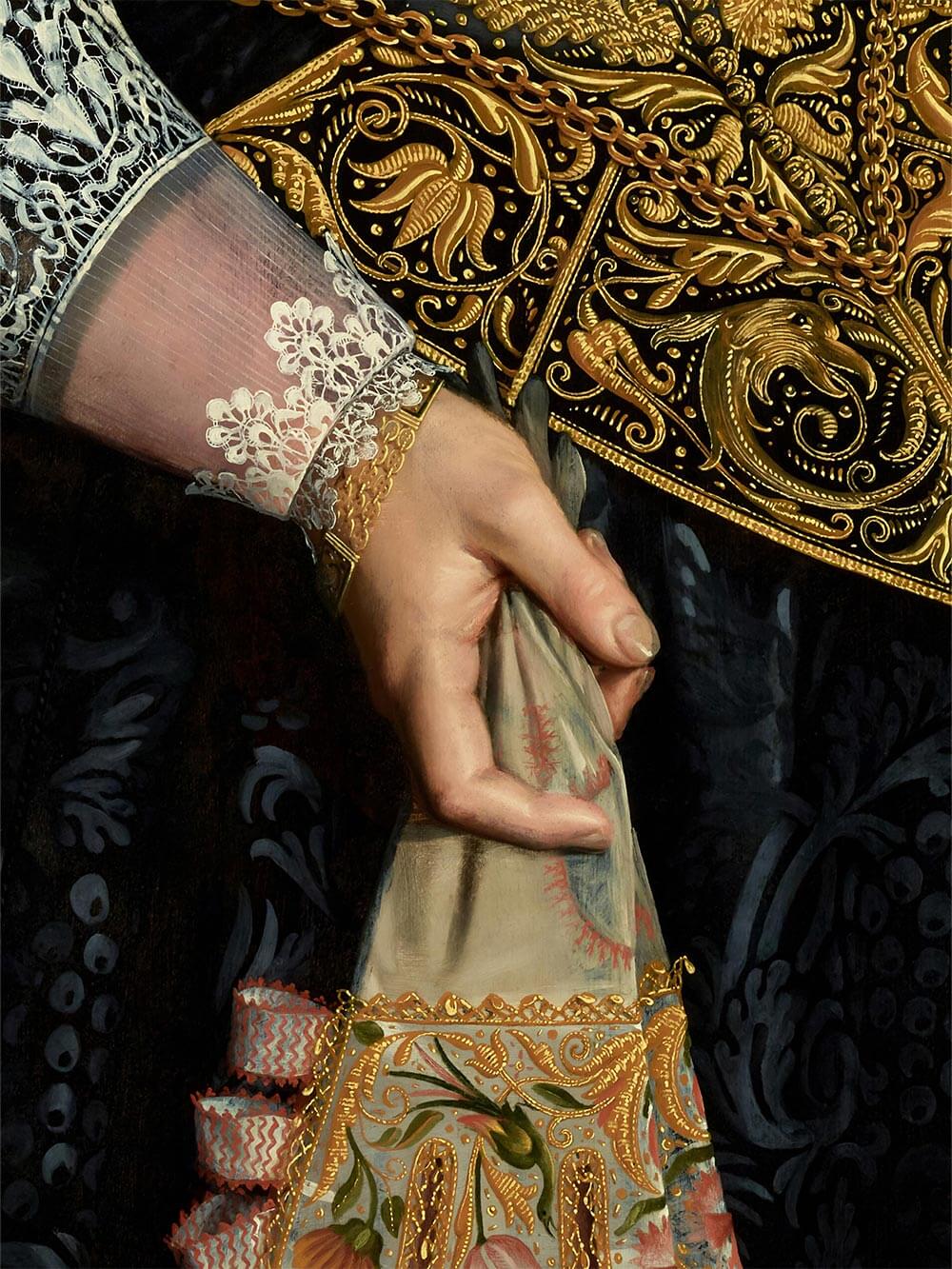 Nahaufnahme einer gemalten Hand mit kunstvoller Spitze und goldverzierter Kleidung, barocke Eleganz trifft auf feinste Details – Renaissance-inspirierter Kunstdruck.