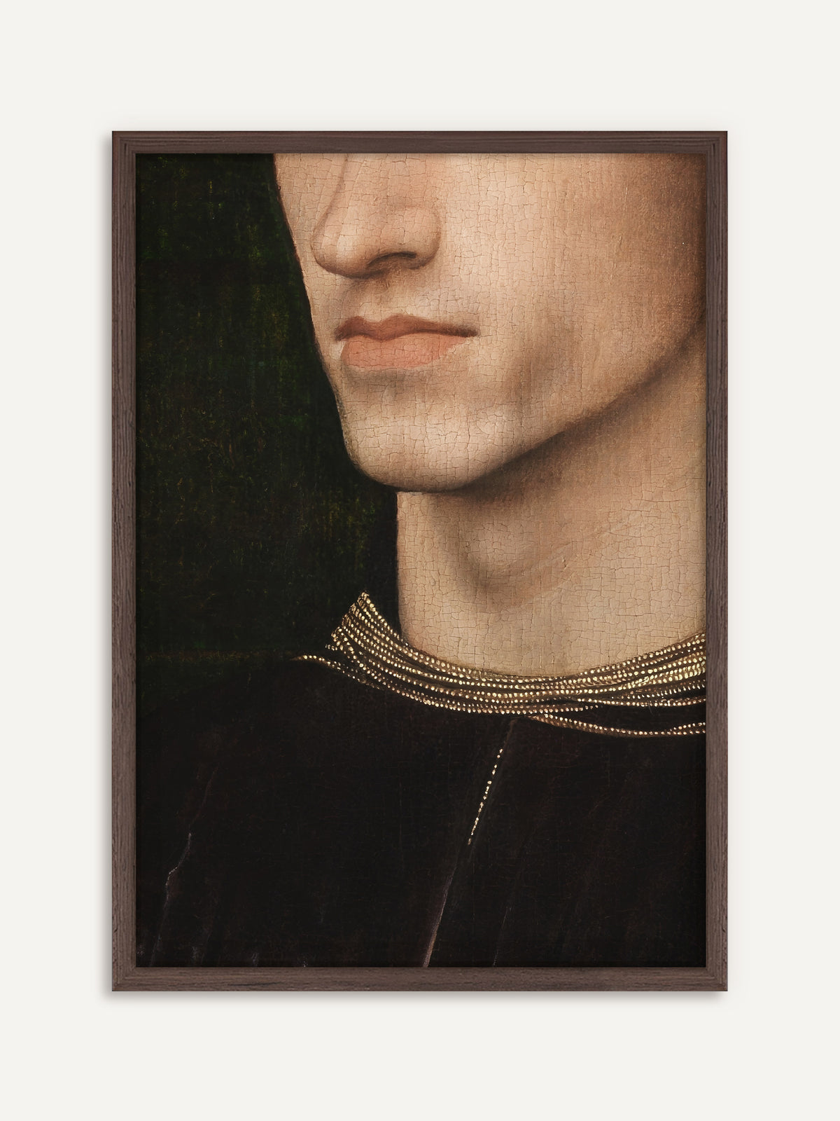 Poster, das als Ausschnitt Nase, Mund und Kinn eines jungen Mannes zeigt, mit heller Haut voller feiner Risse im alten Firnis, dazu ein dunkles Samtgewand mit goldbesticktem Kragen vor dunkelgrünem Grund. Der Rahmen aus dunklem Holz unterstreicht die Dark-Academia-Stimmung. #Rahmen_Dunkles Holz