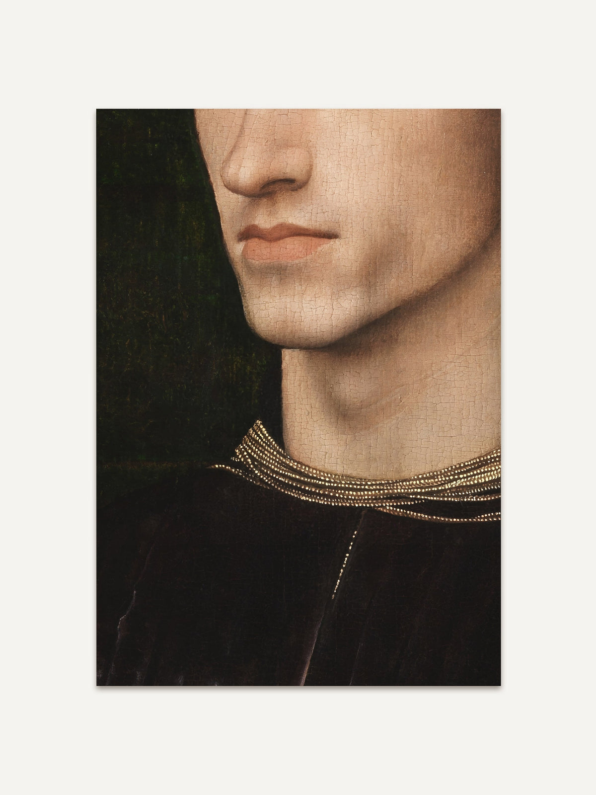 Ausschnitt eines männlichen Porträts im Renaissance-Stil mit dunklem Hintergrund und fein gearbeiteter Kleidung. Zeitloser Kunstdruck mit edler, minimalistischer Wirkung, ideal für Moody oder Dark Academia Interiors. #Rahmen_Ohne Rahmen