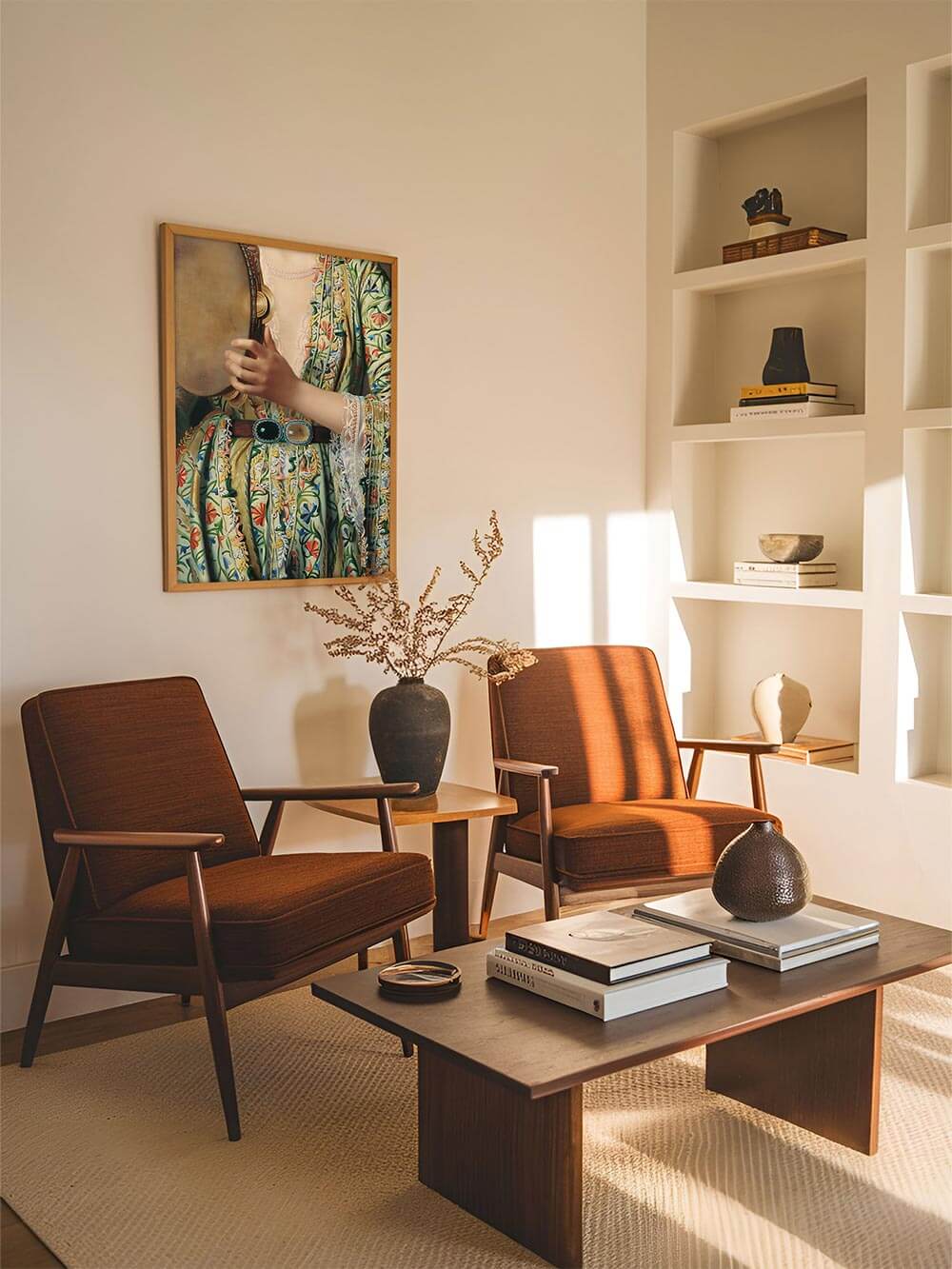Mid-century modern Wohnzimmer mit Kunstdruck: Ein lichtdurchflutetes Wohnzimmer mit einem kunstvollen, gerahmten Print, der ein reich besticktes Gewand mit floralen Motiven zeigt.