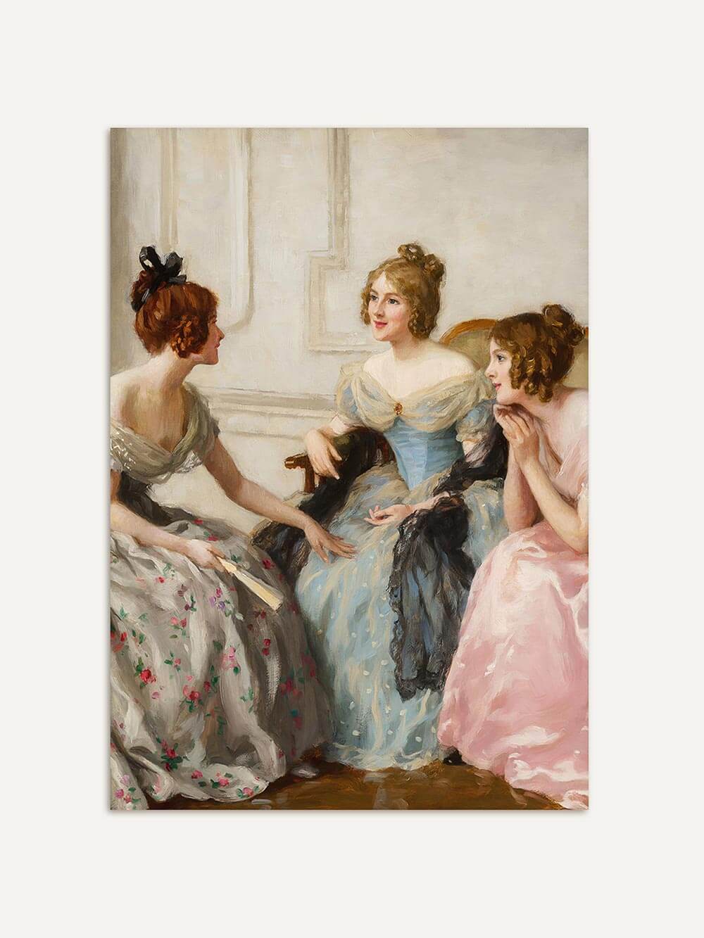 Historisches Damenporträt von Charles Haigh-Wood zeigt drei Frauen in eleganten Kleidern in zartem Rosa, Blau und Grau. Malstil mit sanftem Licht und weichen Farbübergängen.