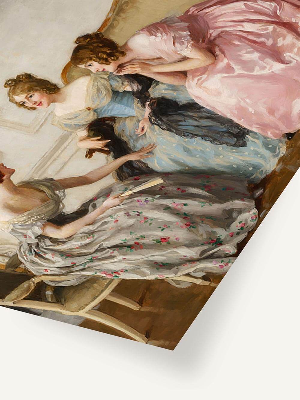 Detailausschnitt des Kunstdrucks zeigt drei Damen in viktorianischer Kleidung in lebendigem Pinselduktus – florale Muster, seidiger Glanz und realistischer Faltenwurf im Fokus