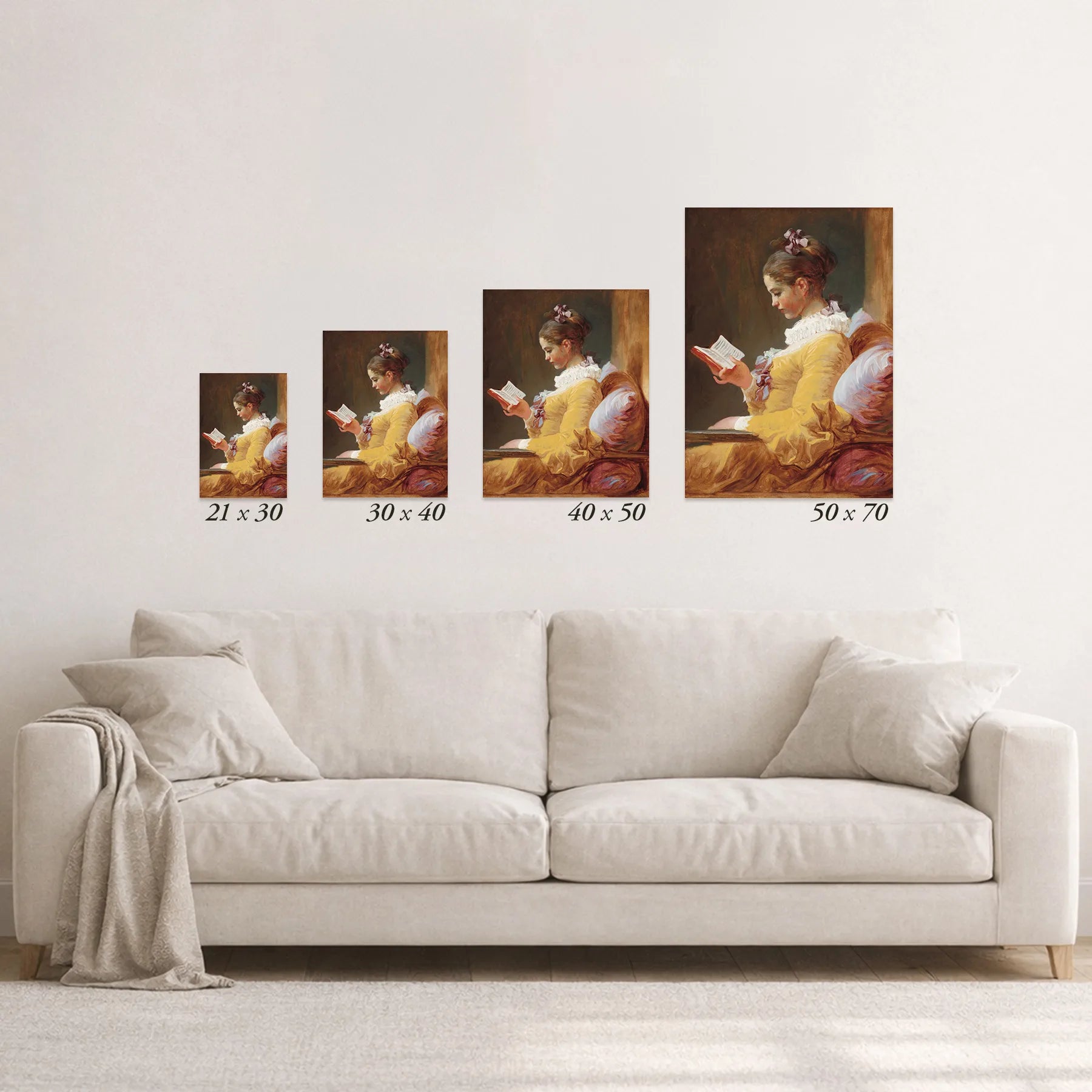 Schematic size overview of the available print formats above a sofa.