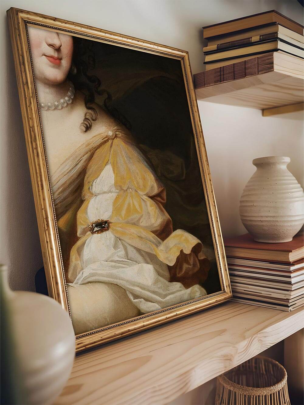 Gerahmter Barock-Kunstdruck auf Holzregal mit Bücherstapel und Keramikvase – stimmungsvolle Wohnaccessoire-Inszenierung im klassischen Stillleben-Stil.
