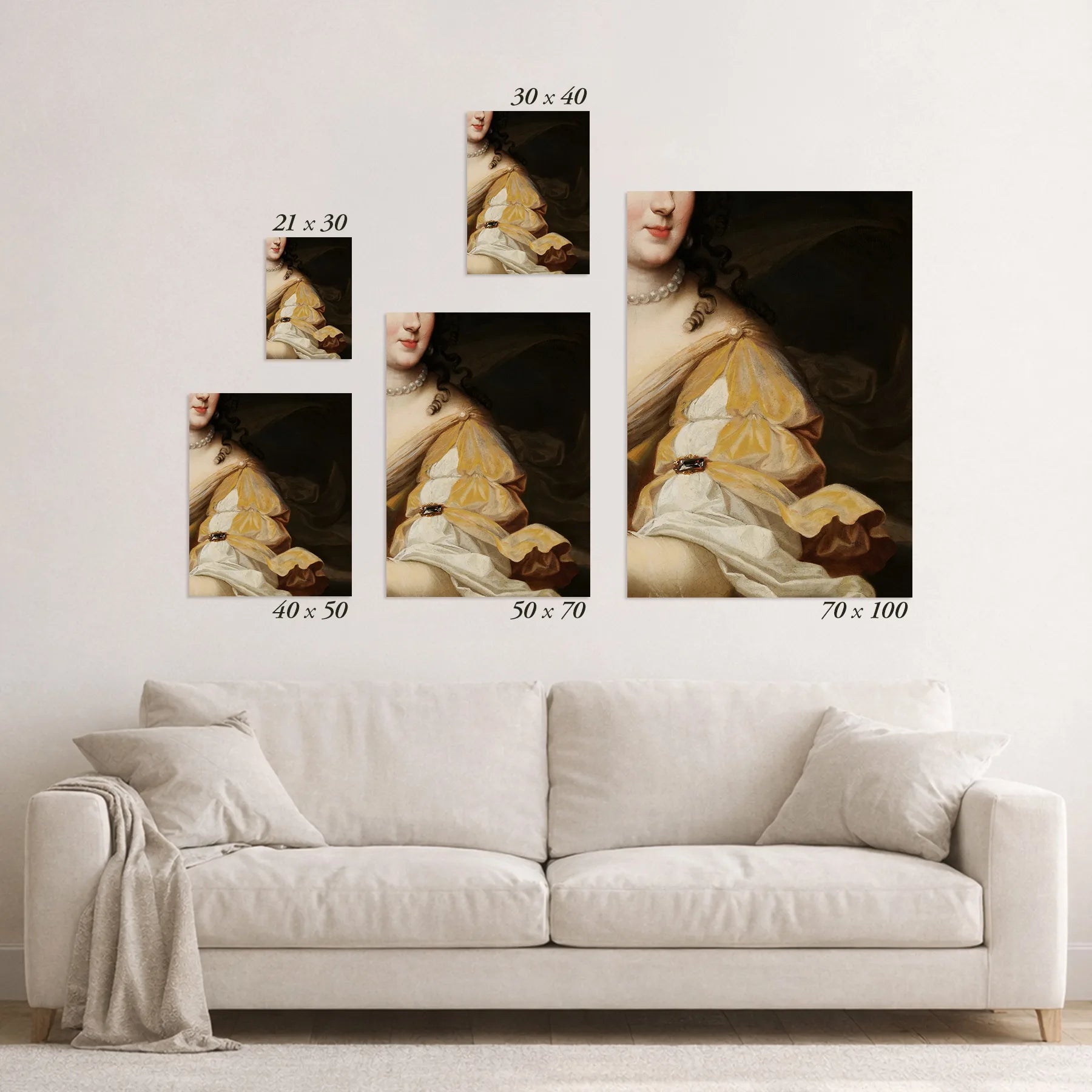 Schematic size overview of the available print formats above a sofa.