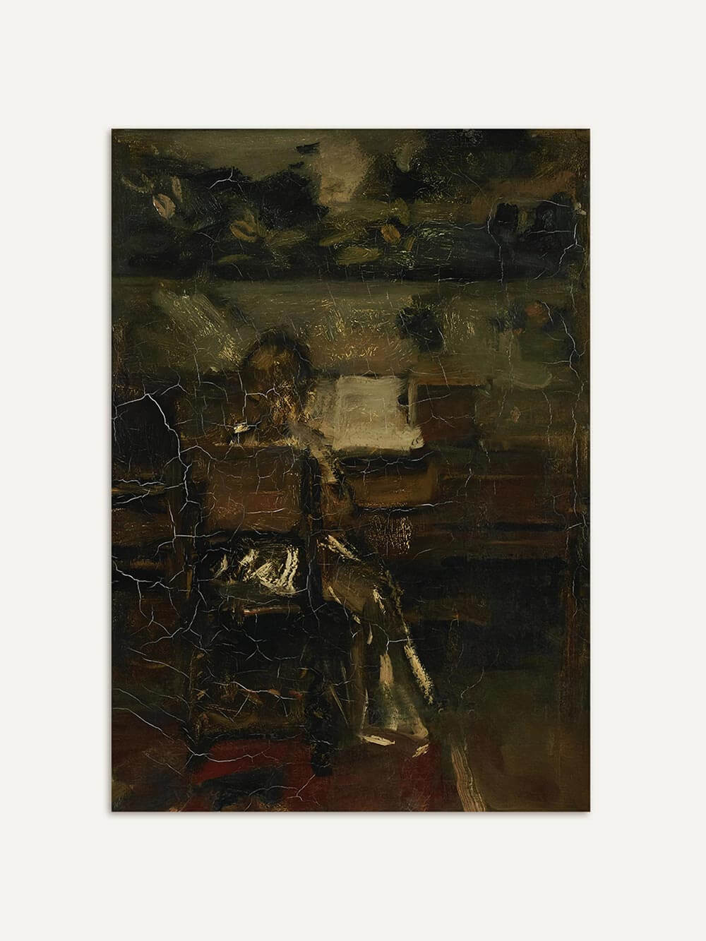 Abstrakter Kunstdruck mit bräunlich-olivfarbenen Tönen und dezenten Lichtreflexen. Ausdrucksstarkes Wandbild mit patinierter Textur und malerischem Tiefeneffekt für moody Interior und moderne Wohnräume.