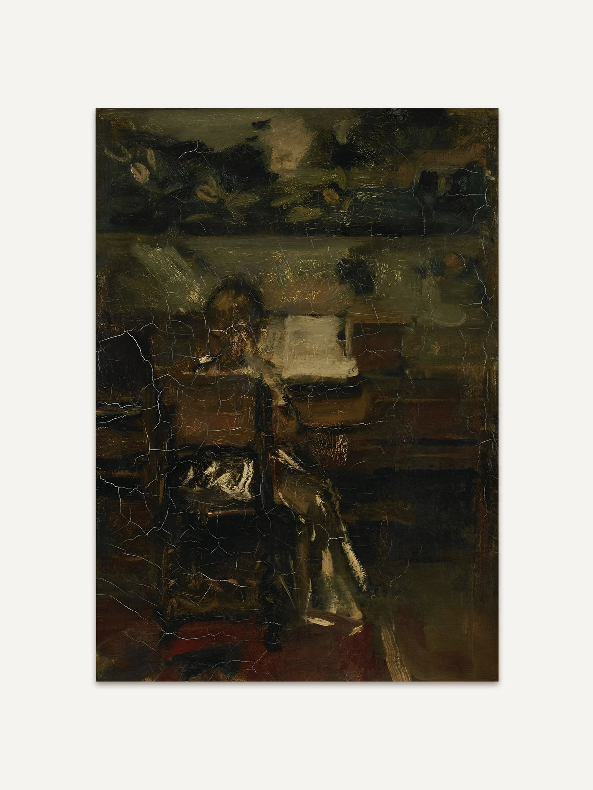 Abstrakter Kunstdruck mit bräunlich-olivfarbenen Tönen und dezenten Lichtreflexen. Ausdrucksstarkes Wandbild mit patinierter Textur und malerischem Tiefeneffekt für moody Interior und moderne Wohnräume. #Rahmen_Ohne Rahmen