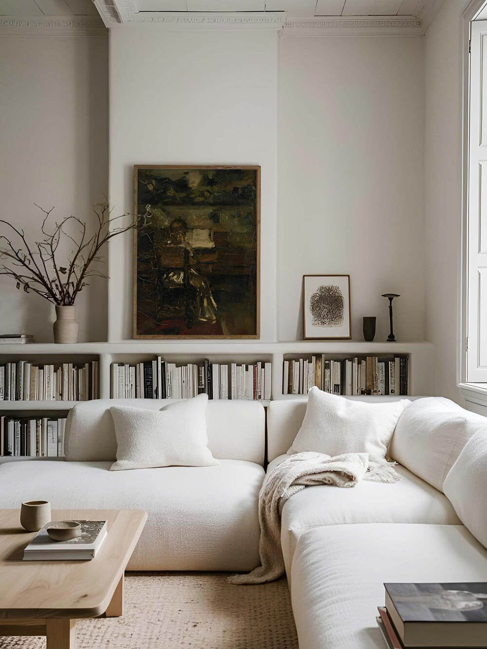 Dunkler Kunstdruck in gold-braunen Tönen hängt über einem hellen Sofa mit Bücherregal im Hintergrund. Eleganter Kontrast für gemütliche Wohnräume im Dark Academia oder Moody Stil.