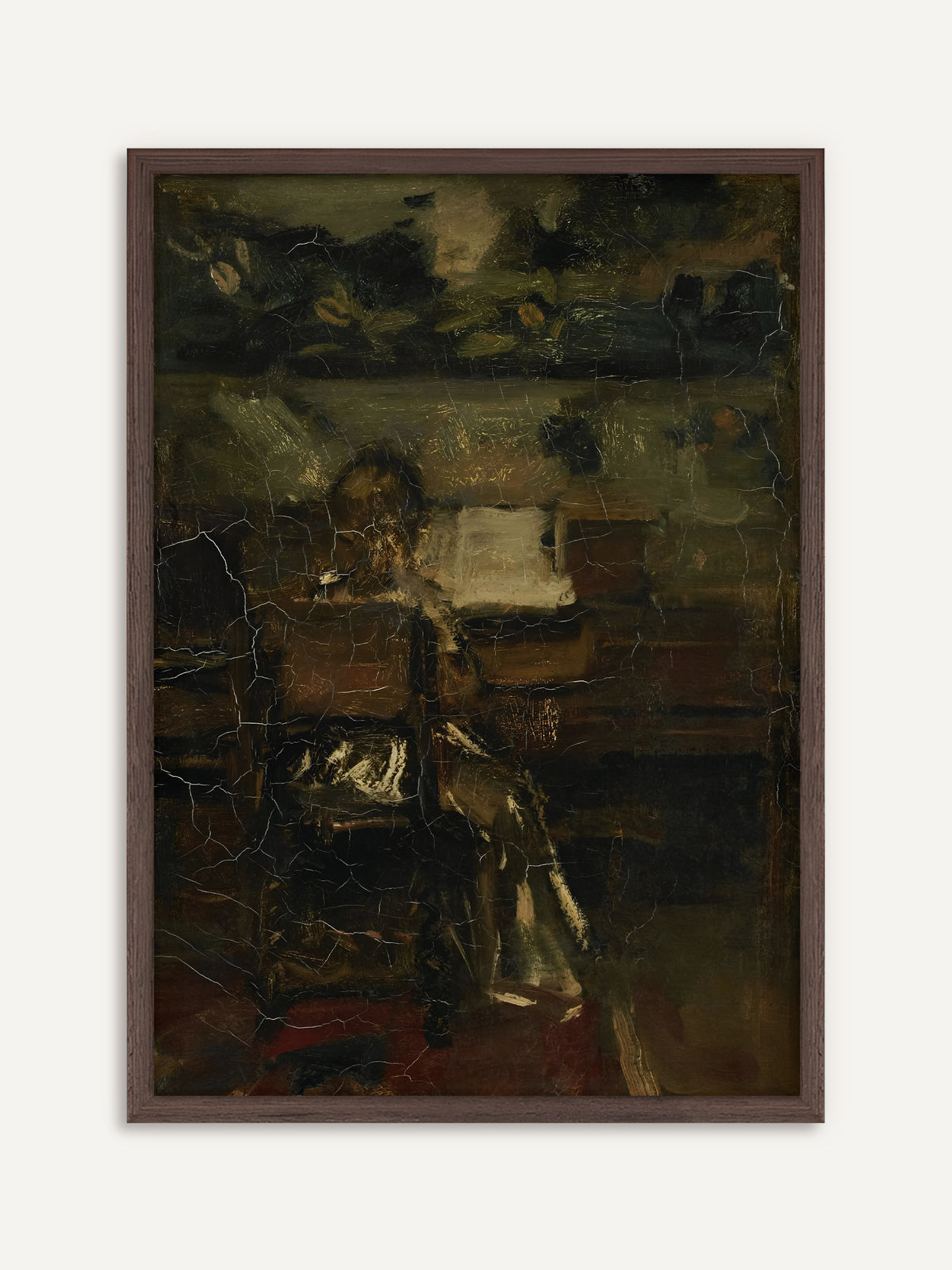 Poster, das eine sitzende Gestalt am Klavier mit aufgeschlagenen Noten in dunklen Oliv- und Brauntönen mit feinem Craquelé zeigt. Im dunklen Holzrahmen wirkt das Bild moody und geheimnisvoll. #Rahmen_Dunkles Holz