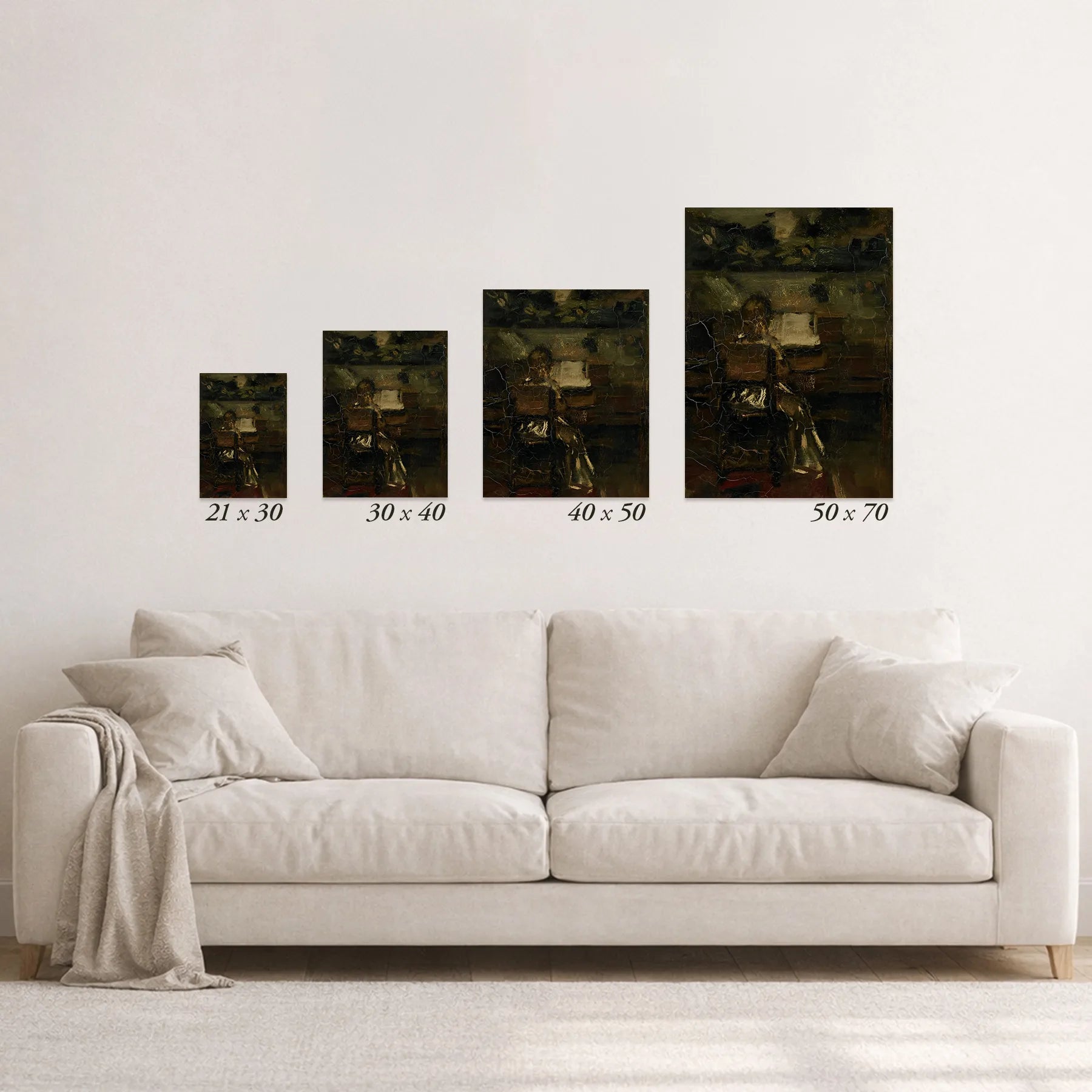 Schematic size overview of the available print formats above a sofa.