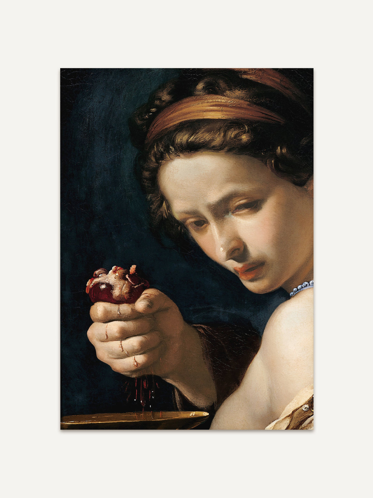 Kunstdruck von Ghismonda, die das Herz von Guiscardo hält, ein dramatischer Ausschnitt aus dem Gemälde von Bernardino Mei, der ihren traurigen Ausdruck vor einem dunklen, stimmungsvollen Hintergrund festhält. #Rahmen_Ohne Rahmen