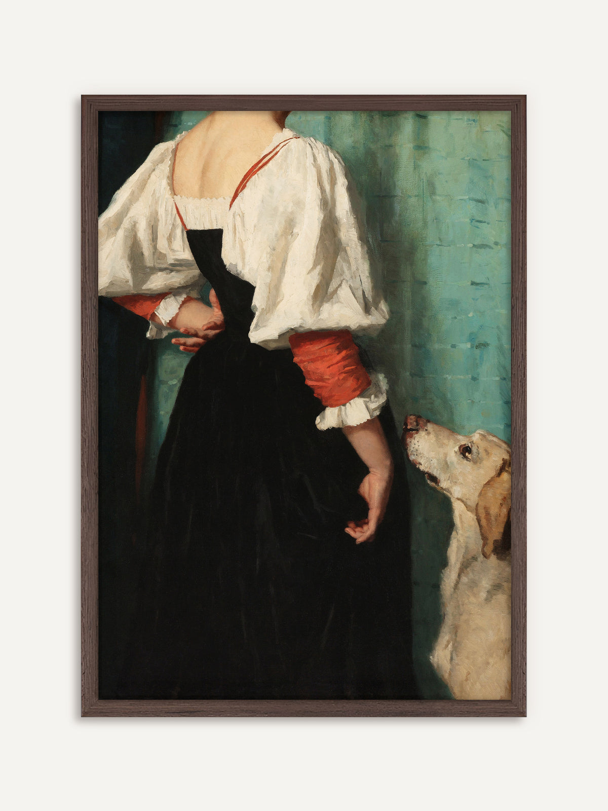 Poster mit einer jungen Frau in weißer Bluse mit roten Ärmeln vor türkisgrüner Wand, während ein treuer Hund zu ihr aufblickt. Der Rahmen aus dunklem Holz gibt der Szene einen klassischen, ruhigen Halt. #Rahmen_Dunkles Holz