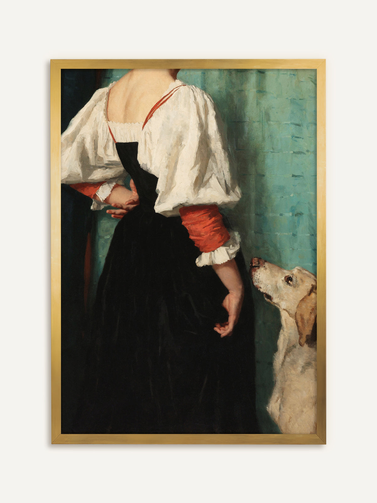 Kunstdruck mit einer jungen Frau in weißer Bluse mit roten Ärmeln vor türkisgrüner Wand, während ein treuer Hund zu ihr aufblickt. Der goldene Rahmen verleiht dem Porträt den Charakter eines antiken Ölgemäldes. #Rahmen_Gold