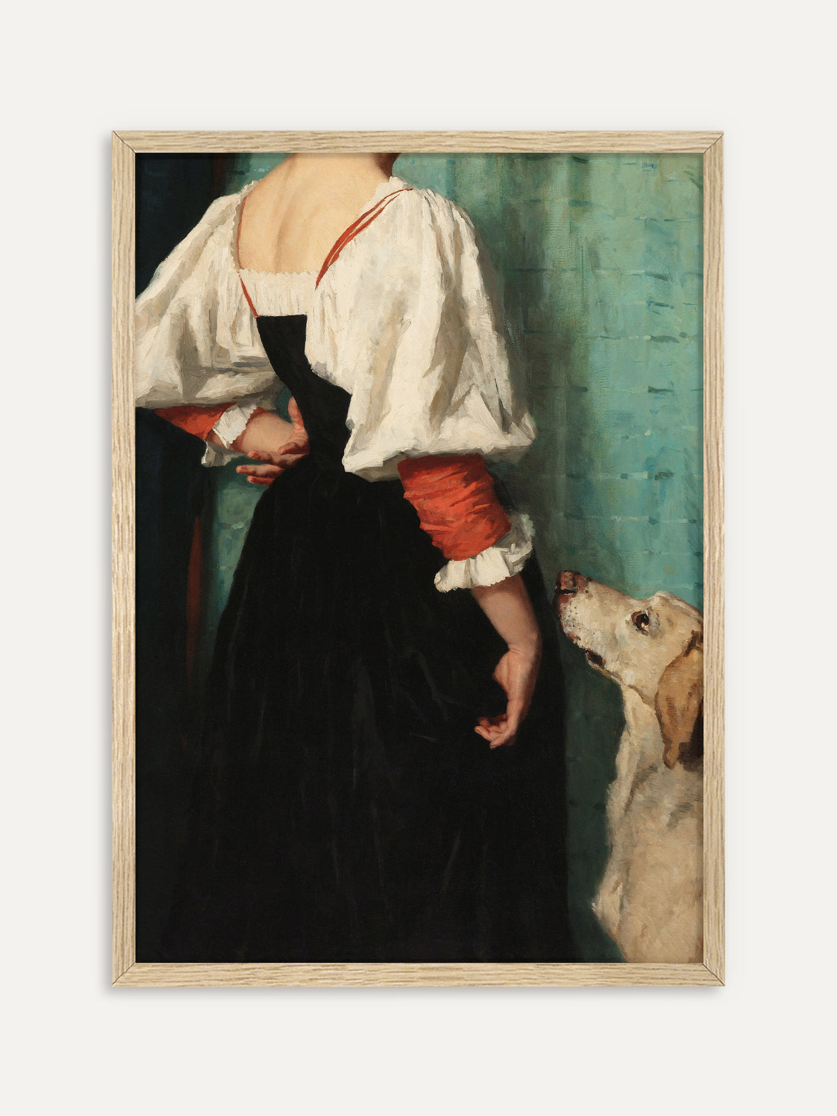 Wandbild mit einer jungen Frau in weißer Bluse mit roten Ärmeln vor türkisgrüner Wand, während ein treuer Hund zu ihr aufblickt. Im Rahmen aus hellem Holz wirkt das Vintage-Porträt frisch und freundlich. #Rahmen_Helles Holz