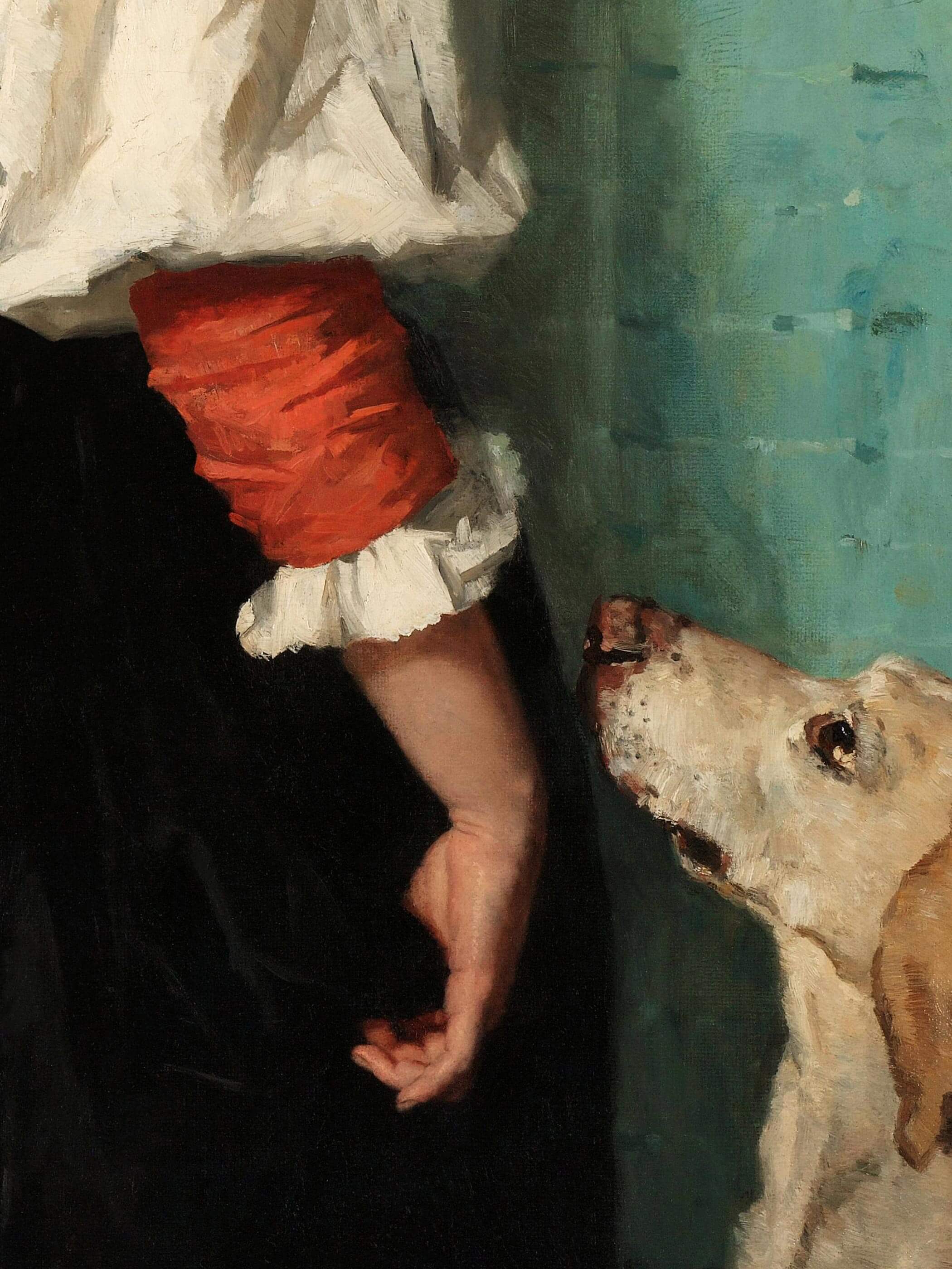 Detailansicht des Gemäldes "Portrait of a young woman with the dog Puck", zeigt die subtile Interaktion zwischen der Frau und dem Hund vor einem türkisfarbenen Hintergrund.