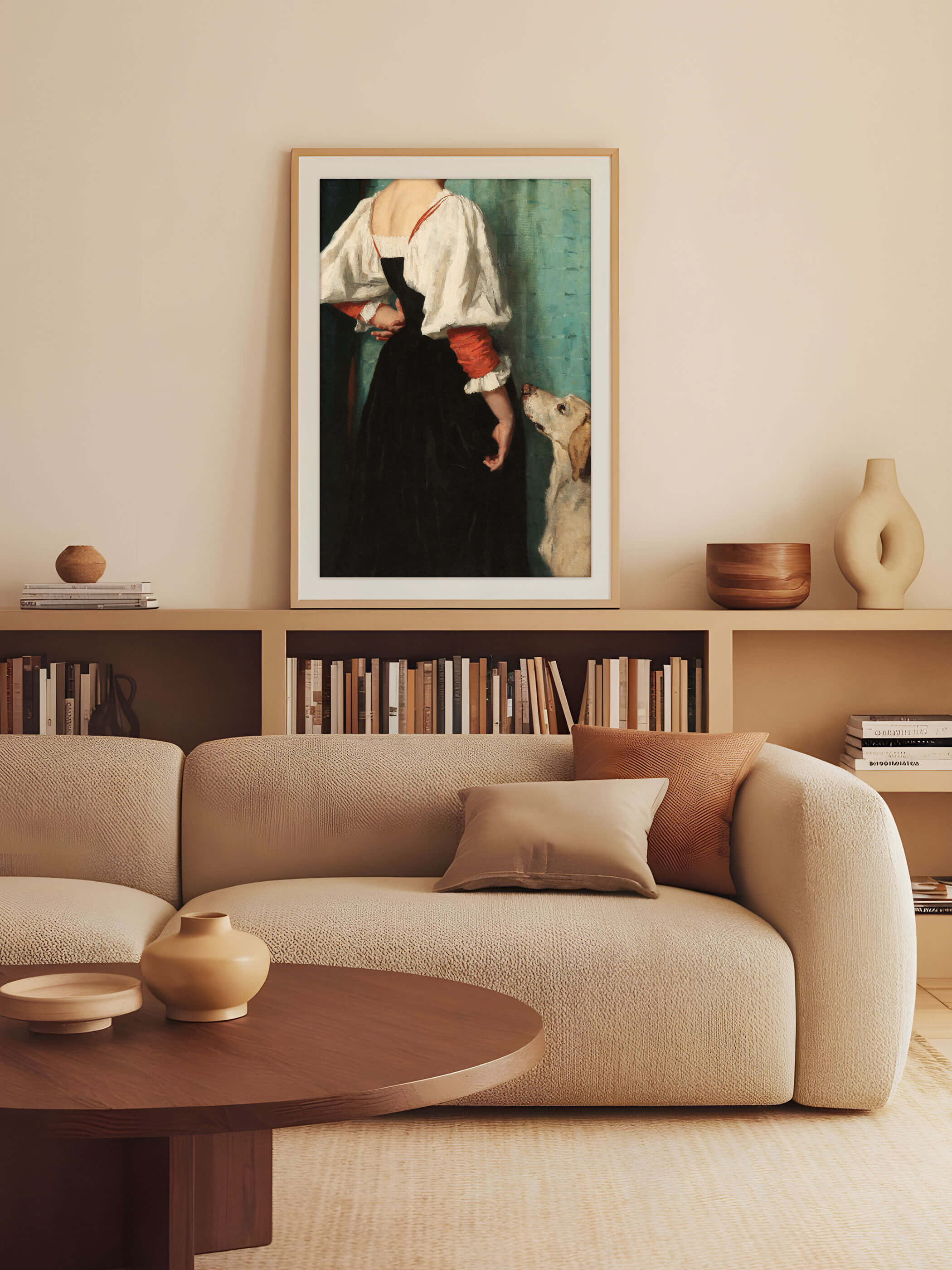 Der Kunstdruck "Portrait of a young woman with the dog Puck" als eleganter Wandakzent in einem modernen Wohnzimmer, präsentiert auf einem hellen Sideboard