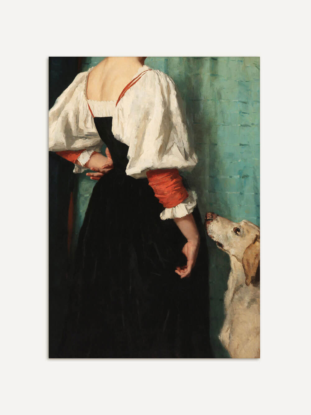 Der Kunstdruck "Treuer Begleiter" zeigt eine junge Frau in traditioneller Kleidung, die mit einem Hund in einem minimalistischen Interieur posiert.
