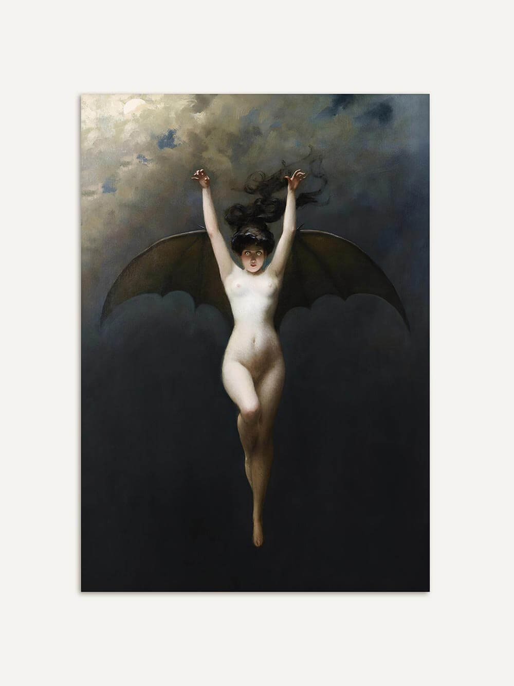 Kunstdruck einer schwebenden Frau mit Fledermausflügeln und ausgebreiteten Armen vor einem düsteren Himmel mit Lichtspiel – symbolistische Malerei mit dramatischem Hell-Dunkel-Kontrast, ideal für Dark-Academia-Interieur.