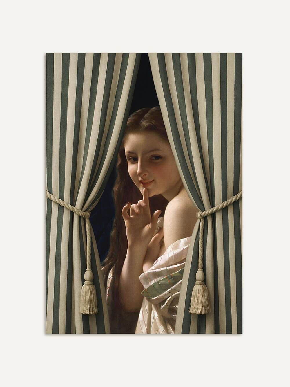 1. Hauptproduktbild – Studioaufnahme
Porträt-Kunstdruck einer jungen Frau mit geheimnisvollem Blick, eingerahmt von grünen Vorhängen mit goldenen Quasten auf weißem Hintergrund.